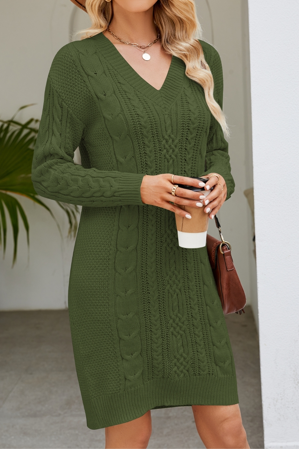 Chic Solid Color V-Neck Long Knit Dress - Fashionable Autumn/Winter Sweater Dress