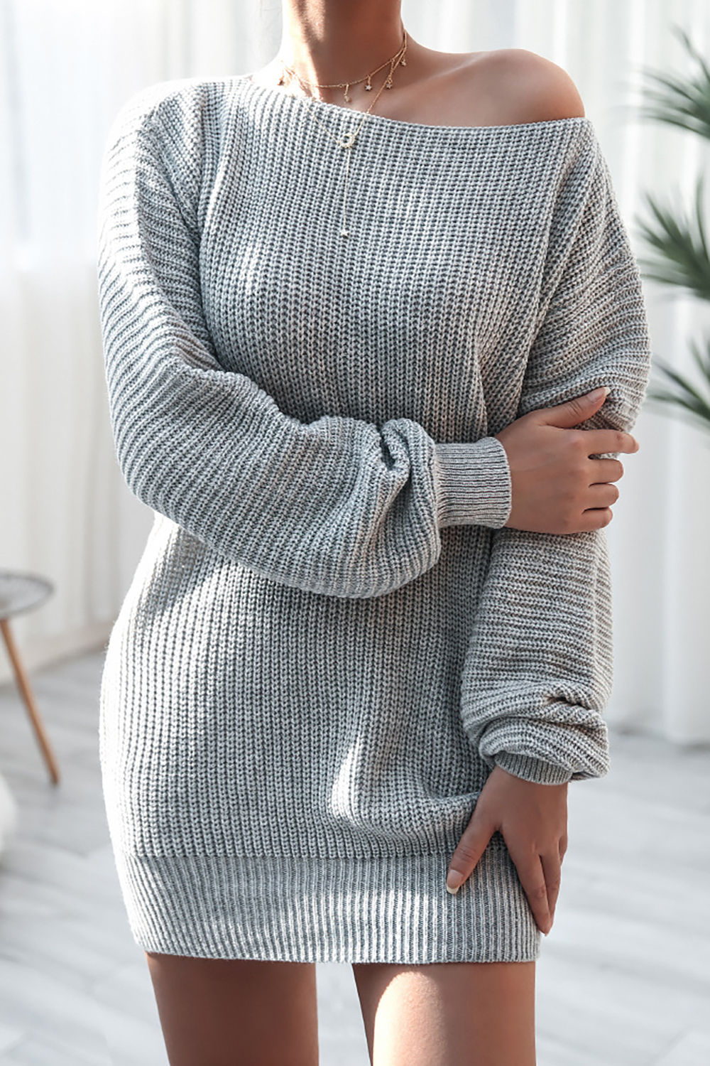 2024 Autumn/Winter Casual Loose Knit Sweater Dress with Off-Shoulder Design
