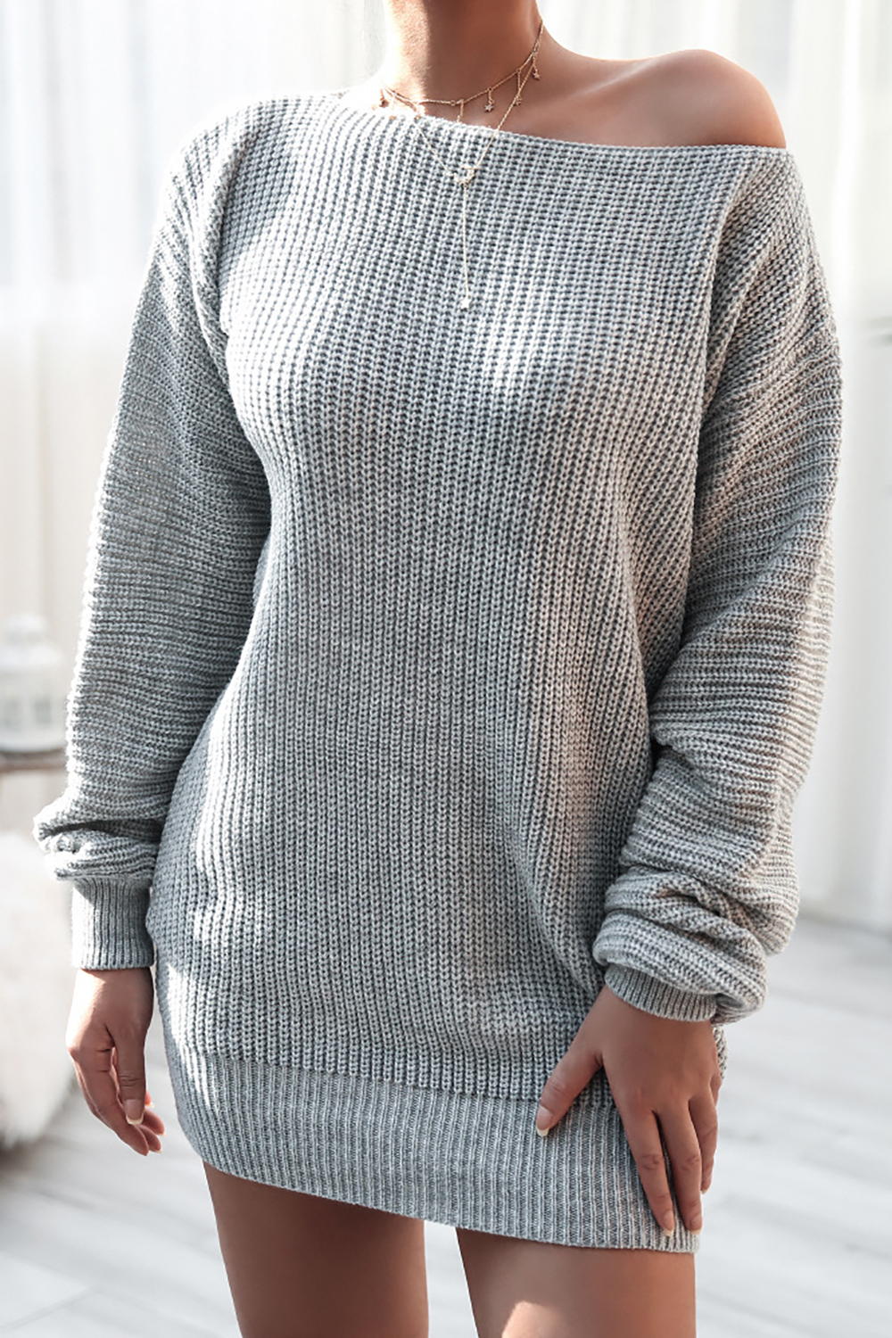 2024 Autumn/Winter Casual Loose Knit Sweater Dress with Off-Shoulder Design