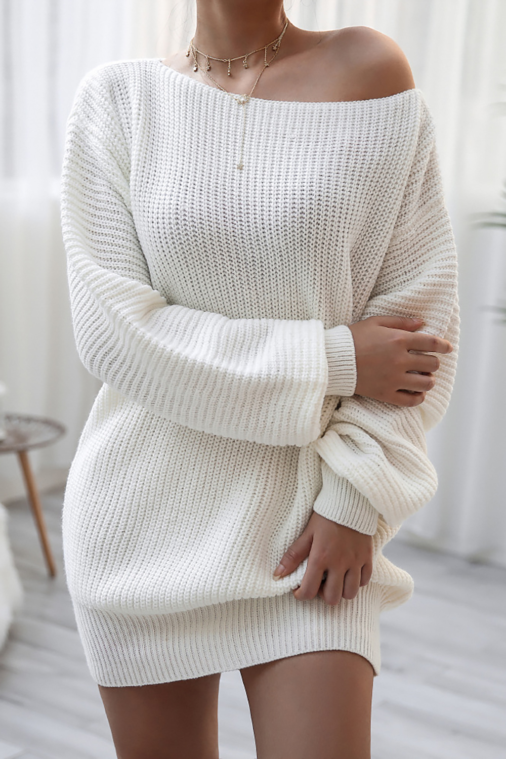 2024 Autumn/Winter Casual Loose Knit Sweater Dress with Off-Shoulder Design