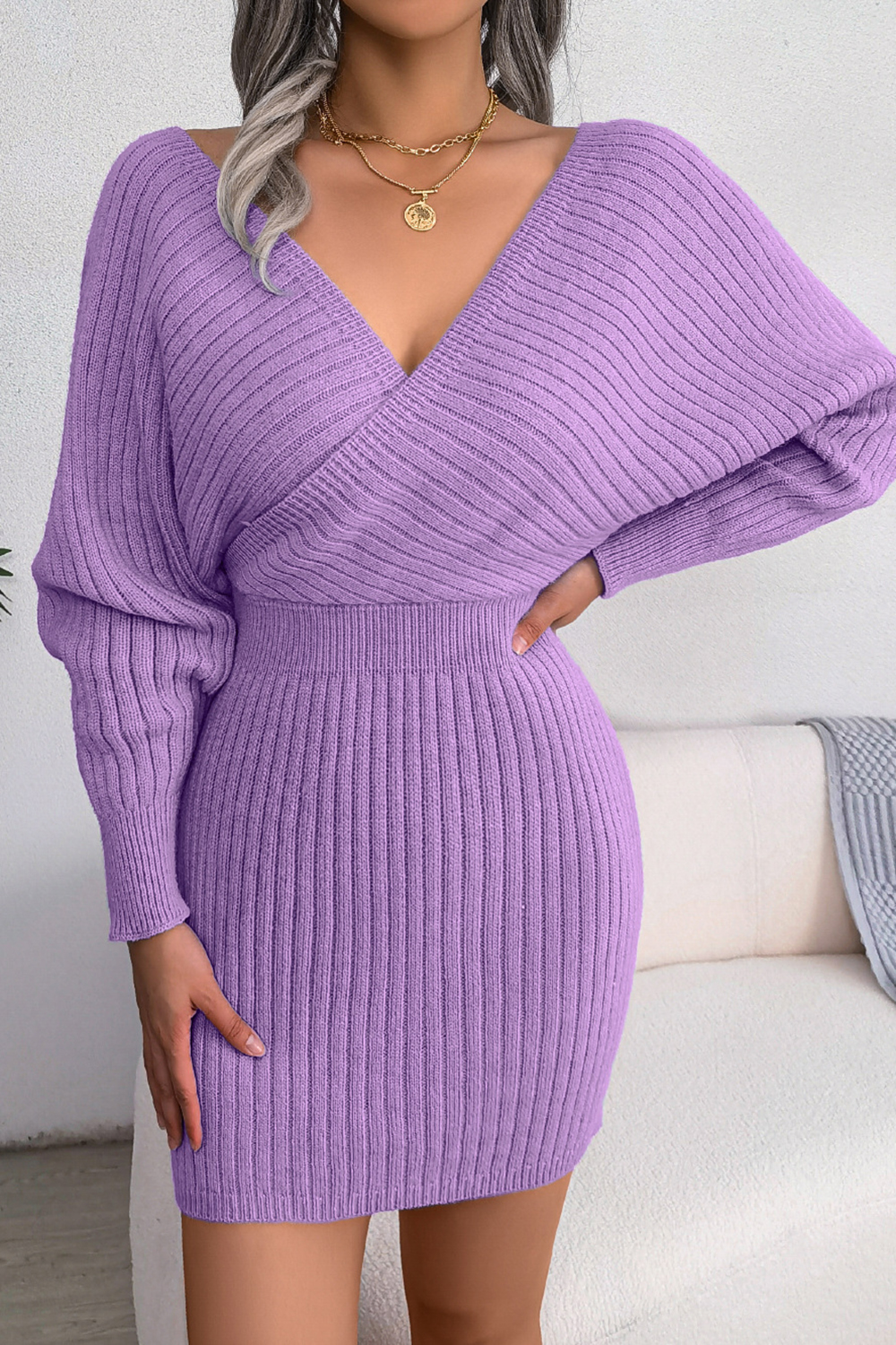 2024 Autumn/Winter Sexy Cross V-Neck Batwing Sweater Dress