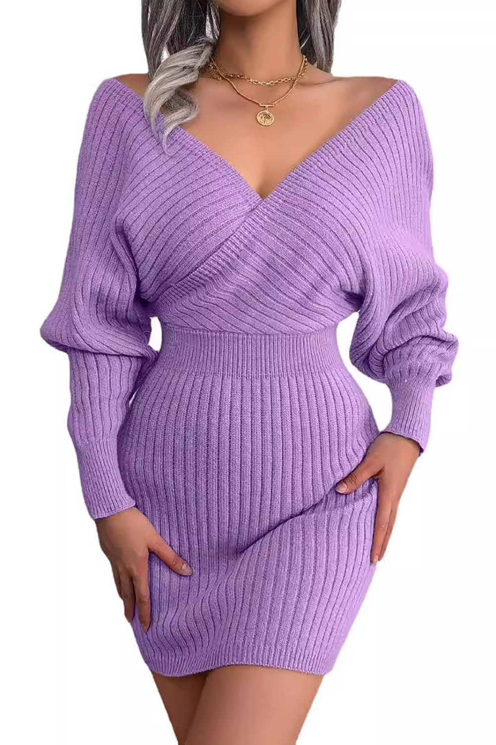 2024 Autumn/Winter Sexy Cross V-Neck Batwing Sweater Dress