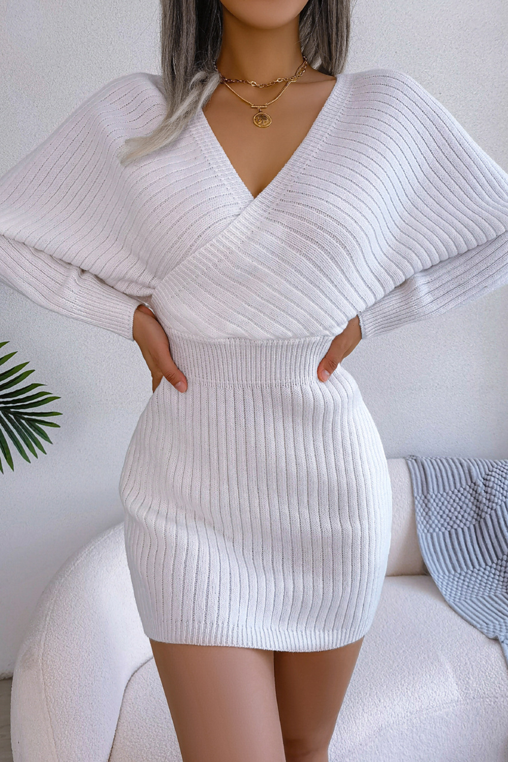 Acrylic Batwing Long-Sleeve V-Neck Pencil Skirt Sweater