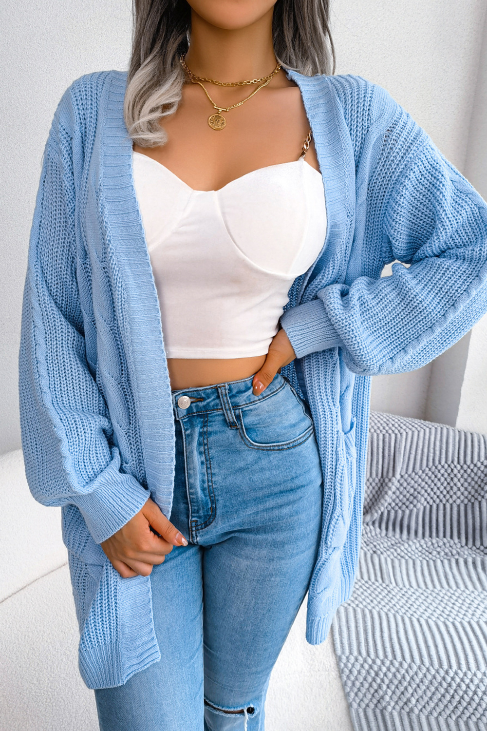 Autumn/Winter Cable Knit Lantern Sleeve Pocket Cardigan Sweater