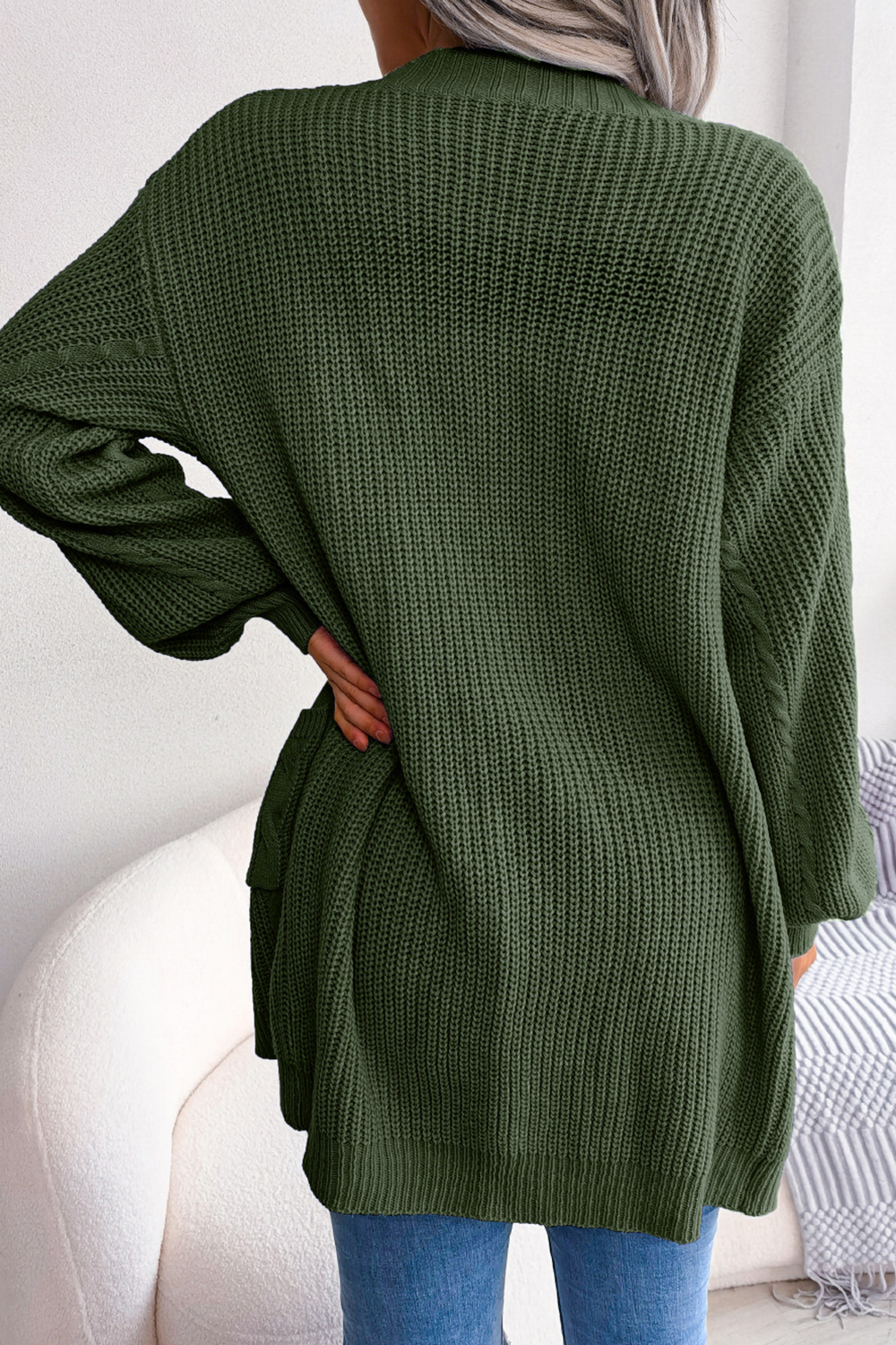 Autumn/Winter Cable Knit Lantern Sleeve Pocket Cardigan Sweater