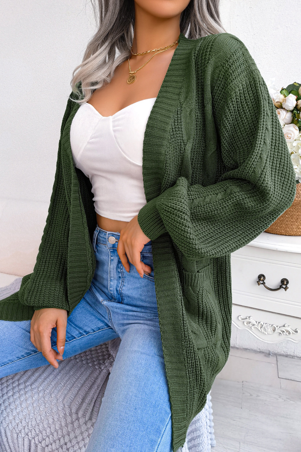 Autumn/Winter Cable Knit Lantern Sleeve Pocket Cardigan Sweater