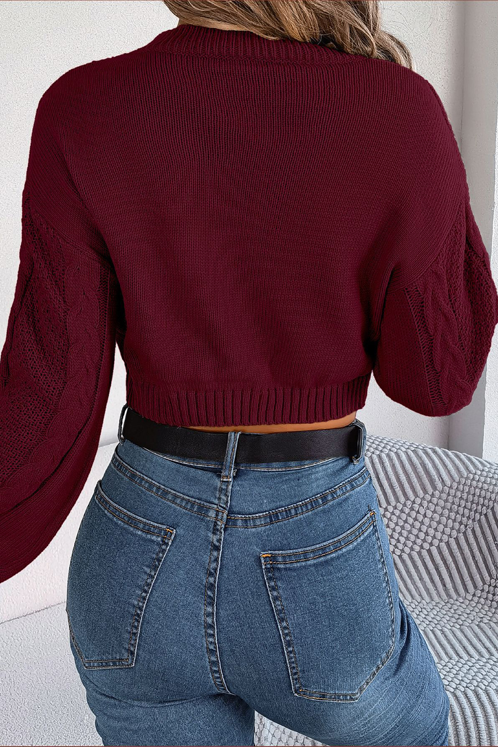 Acrylic Round-Neck Loose-Fitting Long-Sleeve Cropped Sweater