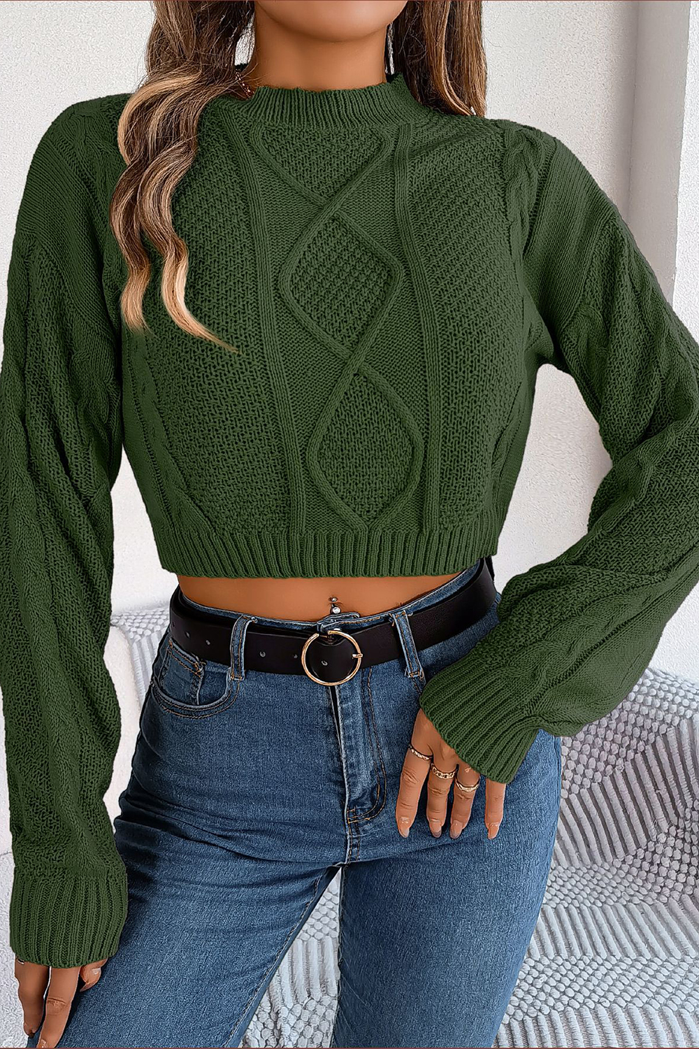 Acrylic Round-Neck Loose-Fitting Long-Sleeve Cropped Sweater