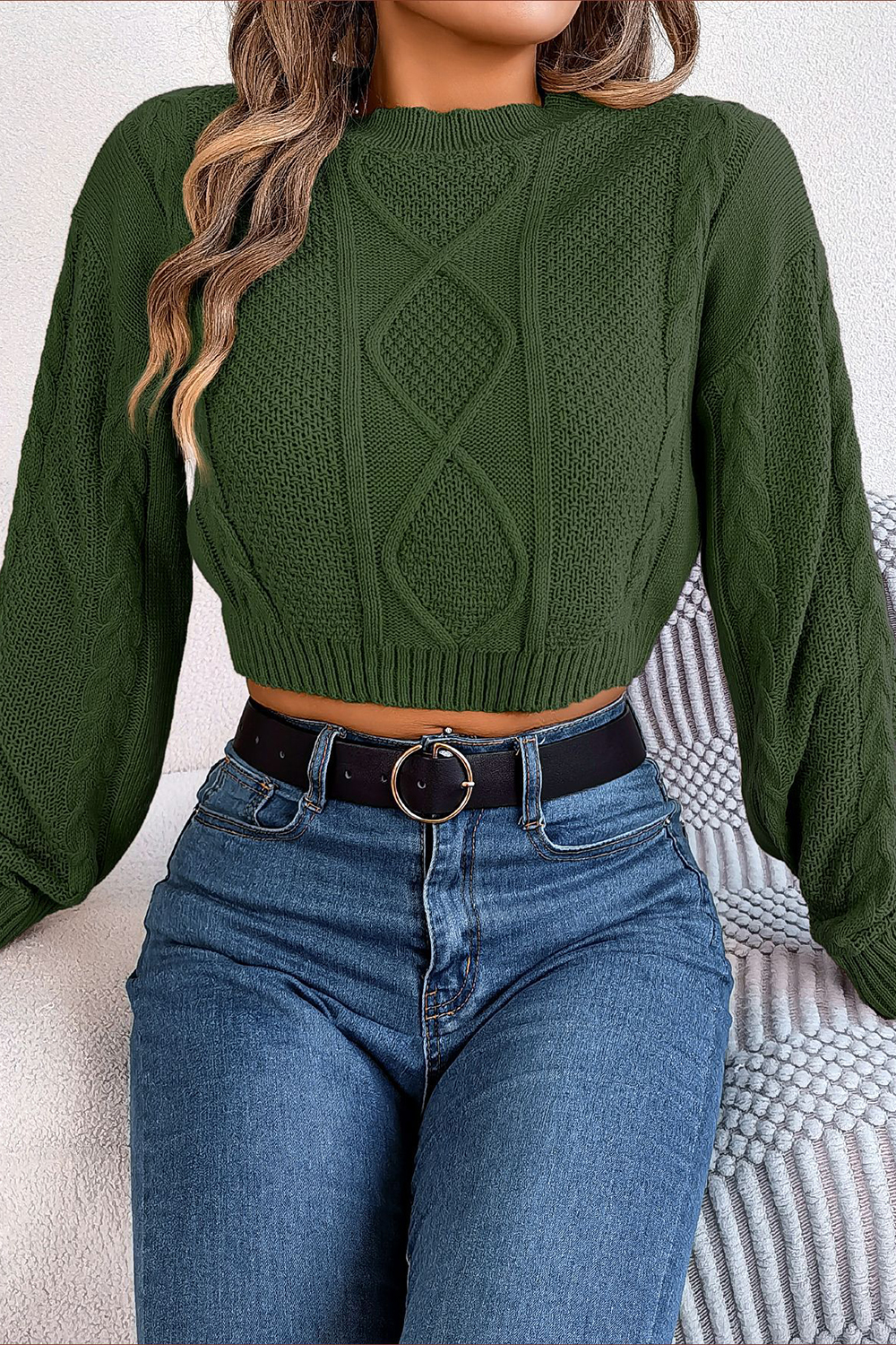 Acrylic Round-Neck Loose-Fitting Long-Sleeve Cropped Sweater