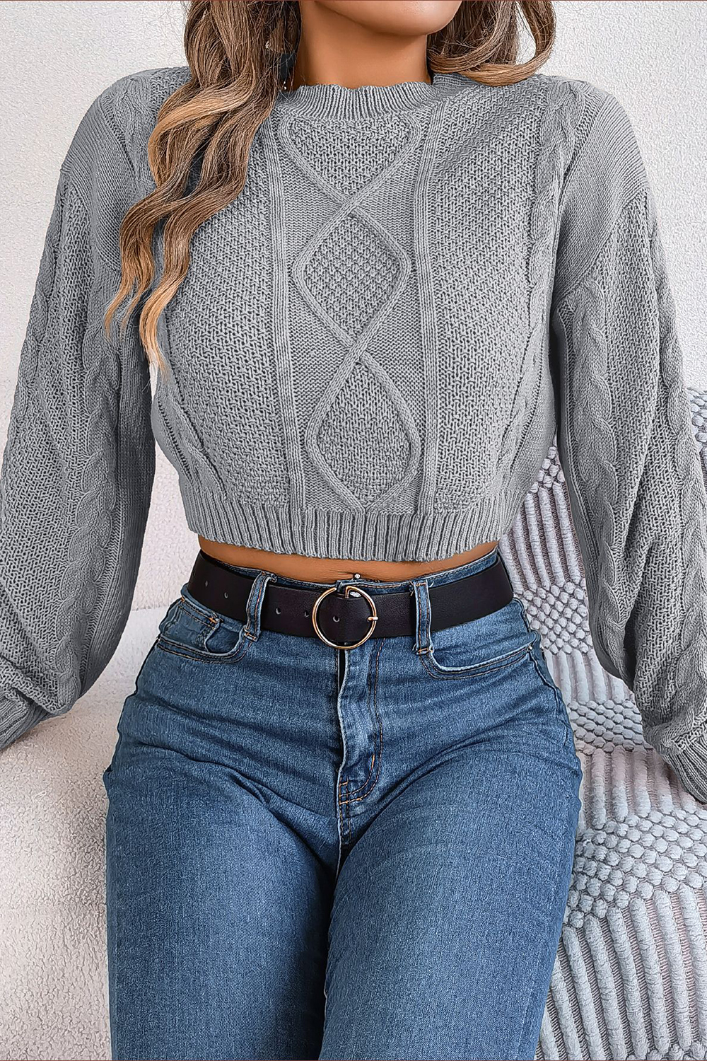Acrylic Round-Neck Loose-Fitting Long-Sleeve Cropped Sweater