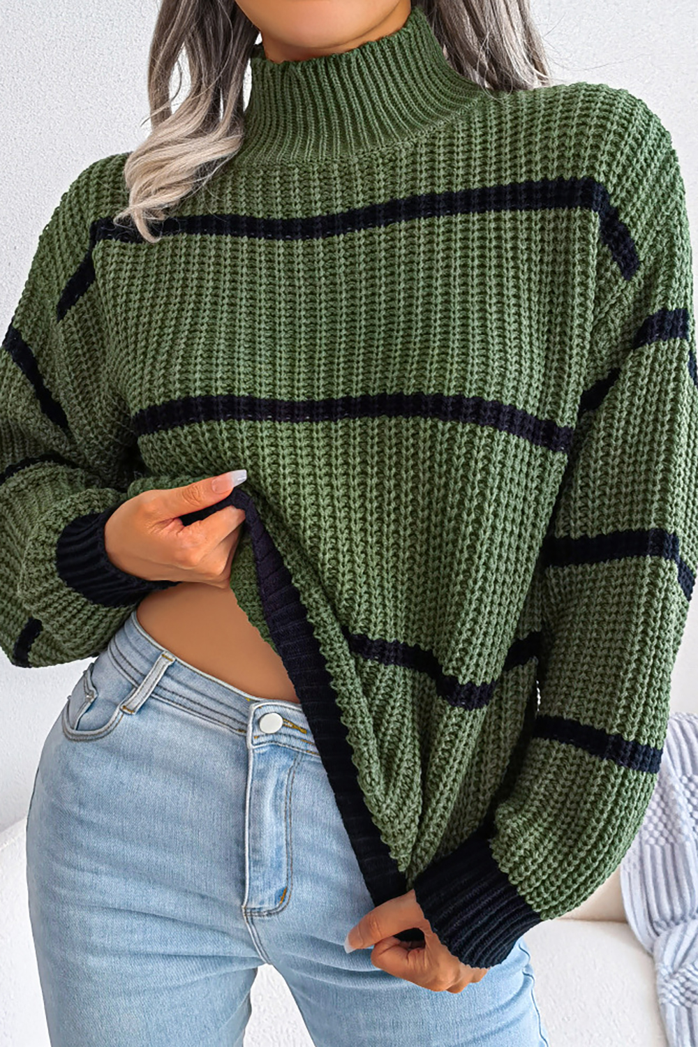 Striped Lantern Sleeve Color-Block Turtleneck Loose Sweater