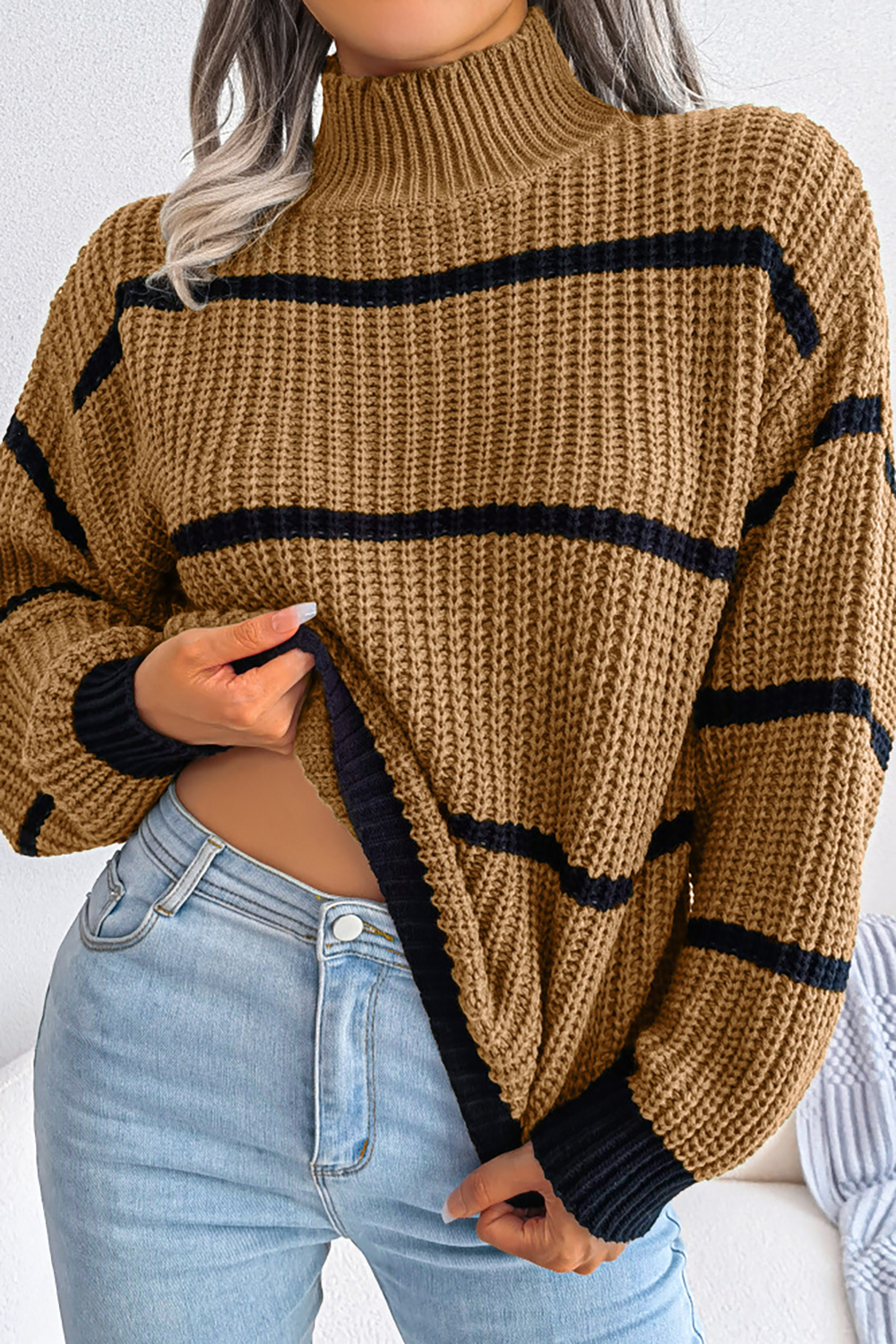 Striped Lantern Sleeve Color-Block Turtleneck Loose Sweater