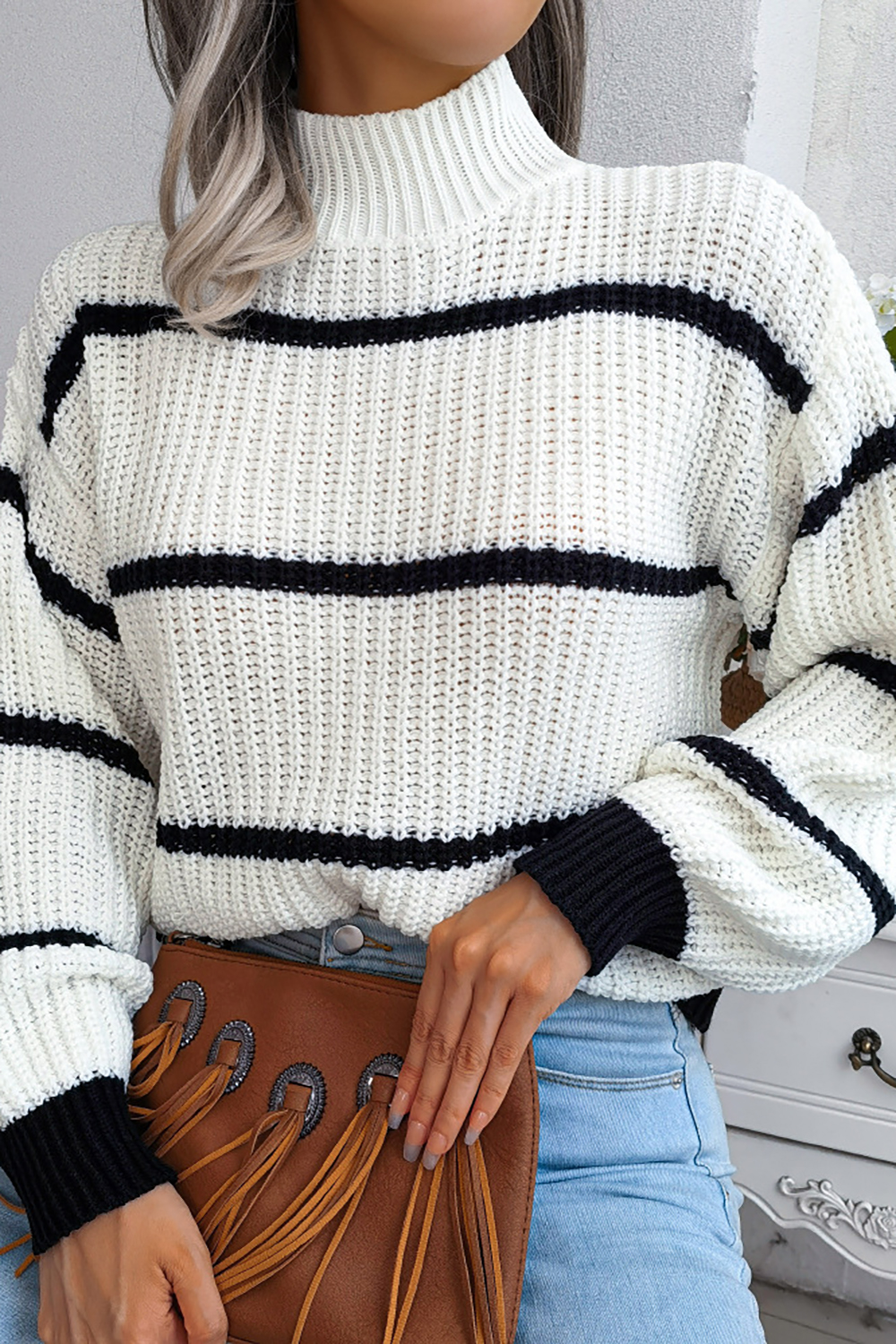 Striped Lantern Sleeve Color-Block Turtleneck Loose Sweater