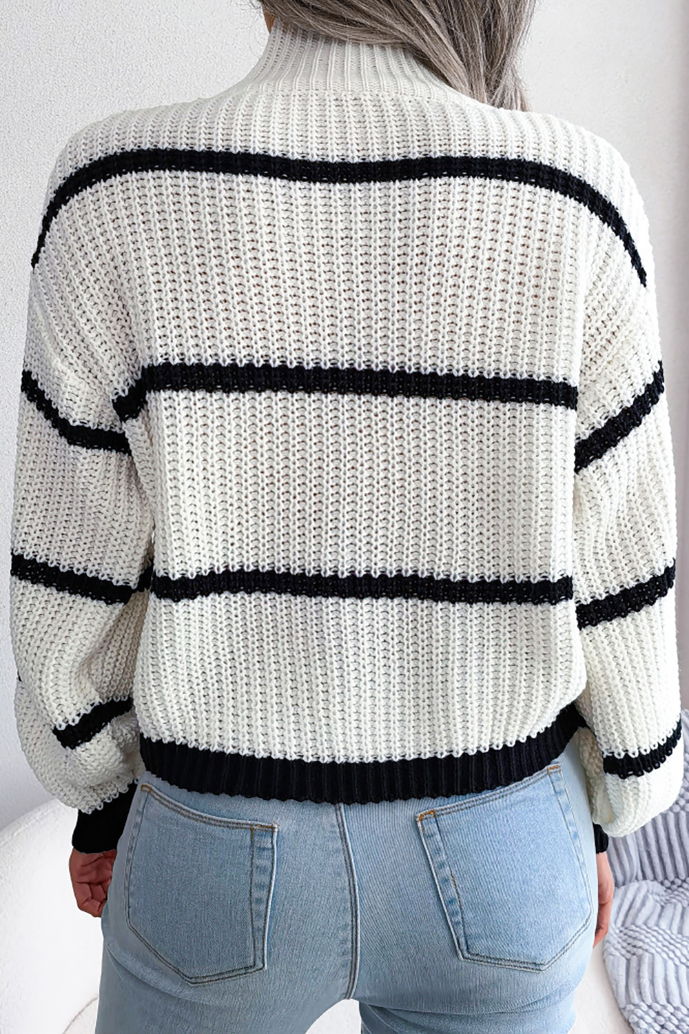 Striped Lantern Sleeve Color-Block Turtleneck Loose Sweater