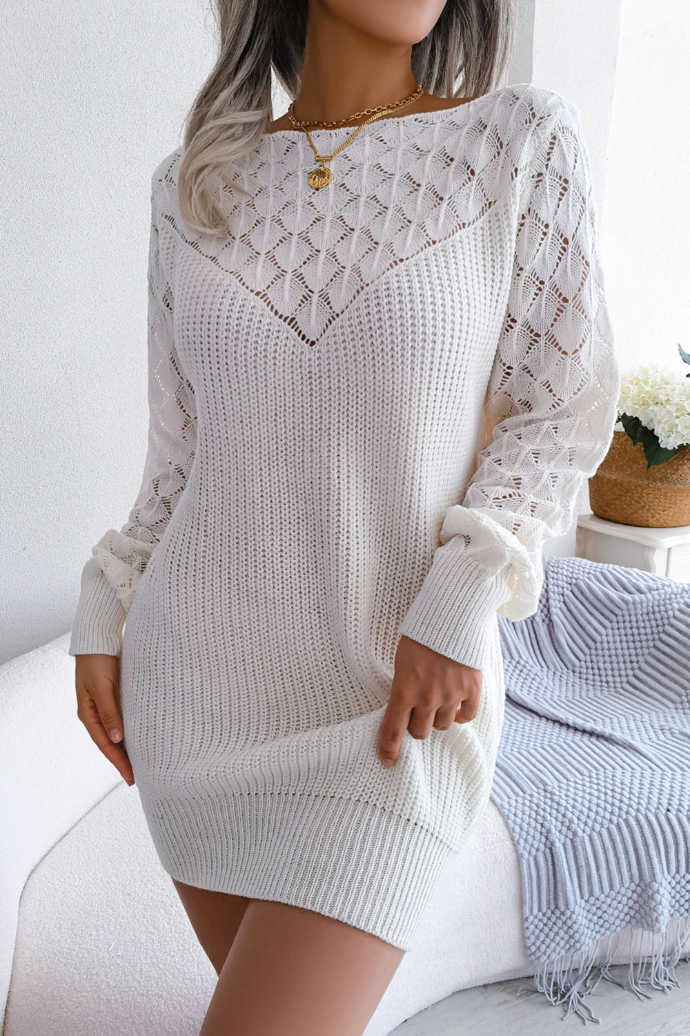 Acrylic Long-Sleeve Off-Shoulder Tie-Front Straight Skirt Sweater