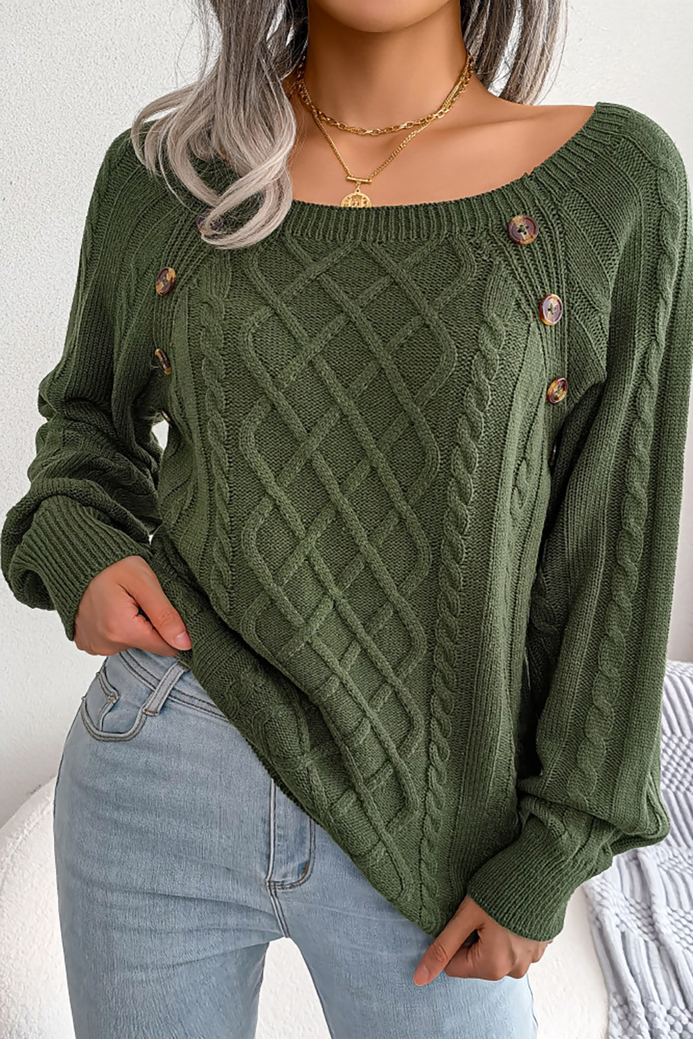 Women's Square-Neck Diamond Pattern Button-Up Batwing Long Sleeve Loose Knit Sweater