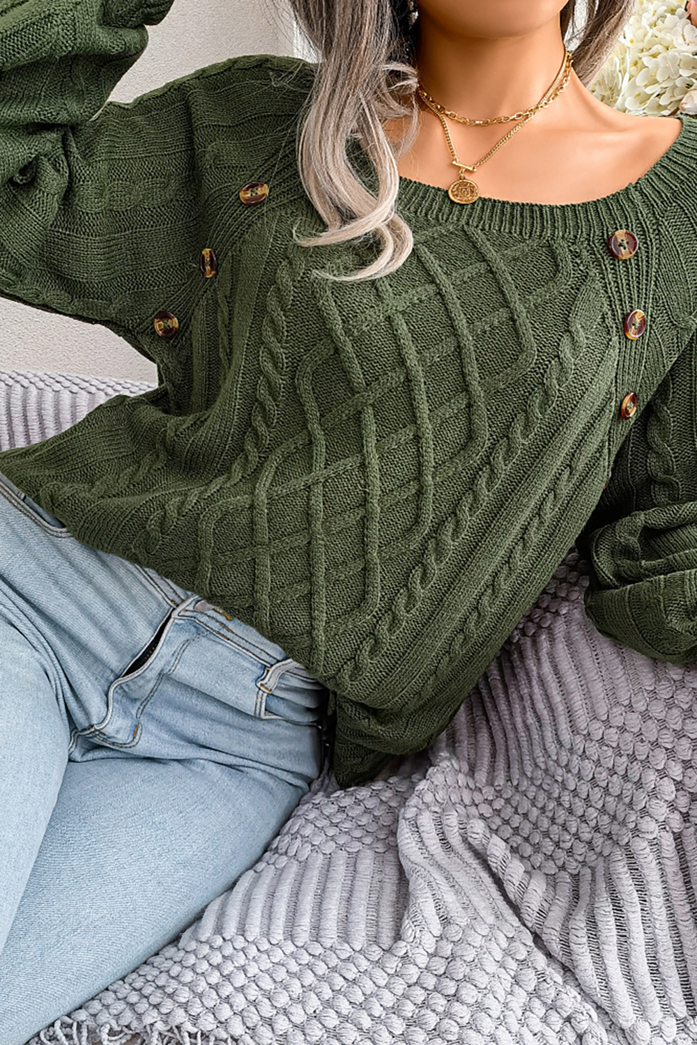 Women's Square-Neck Diamond Pattern Button-Up Batwing Long Sleeve Loose Knit Sweater