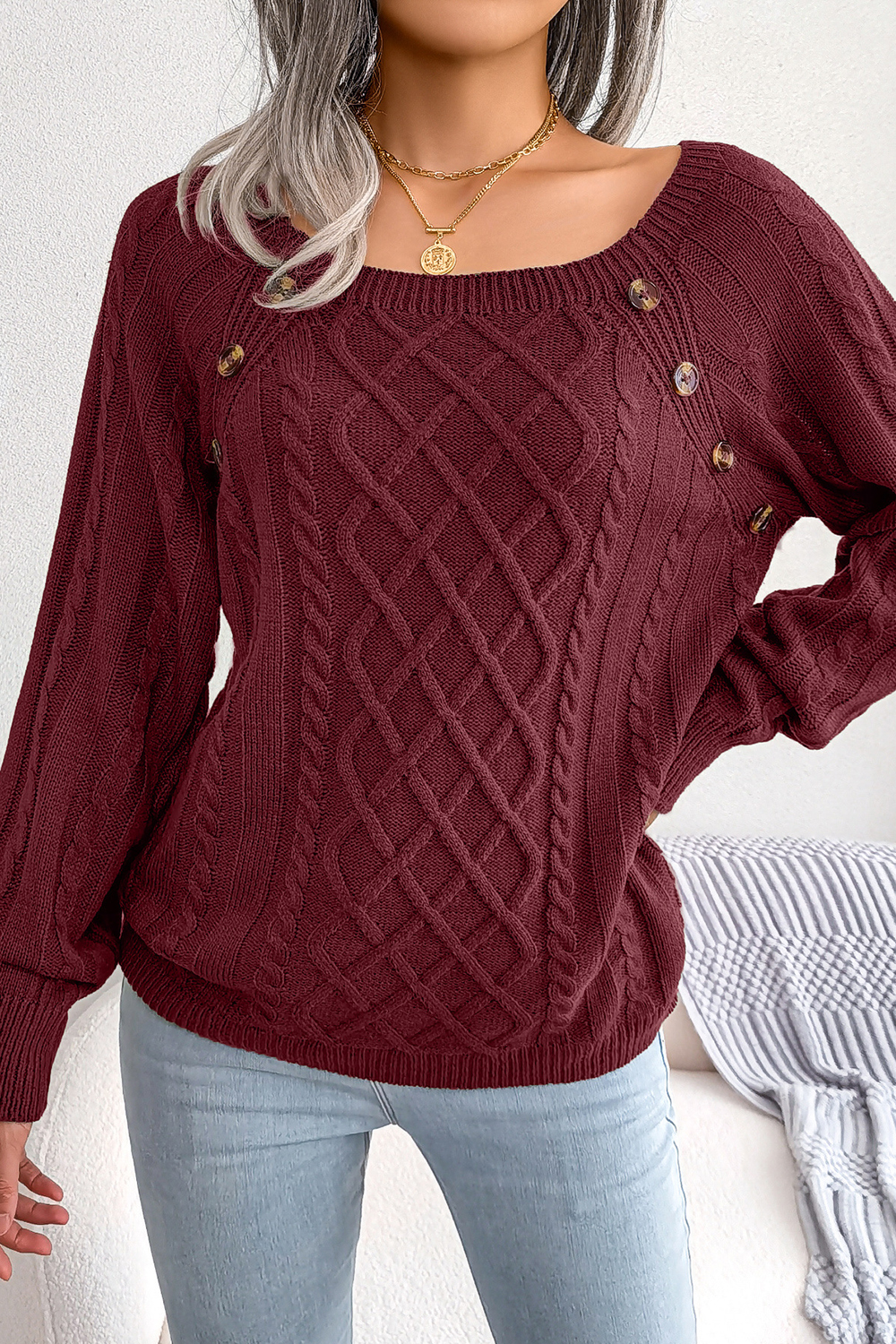 Women's Square-Neck Diamond Pattern Button-Up Batwing Long Sleeve Loose Knit Sweater