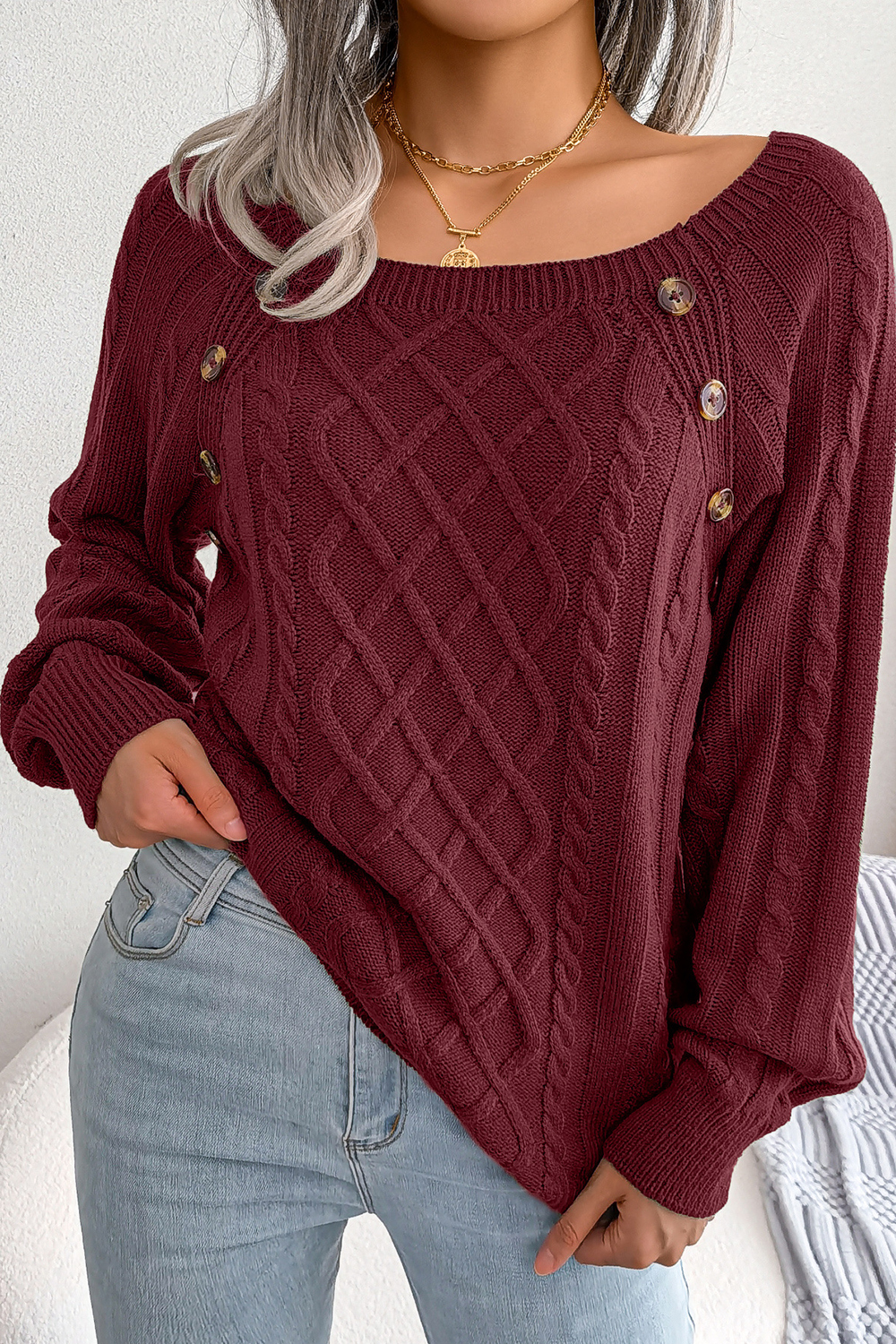Women's Square-Neck Diamond Pattern Button-Up Batwing Long Sleeve Loose Knit Sweater