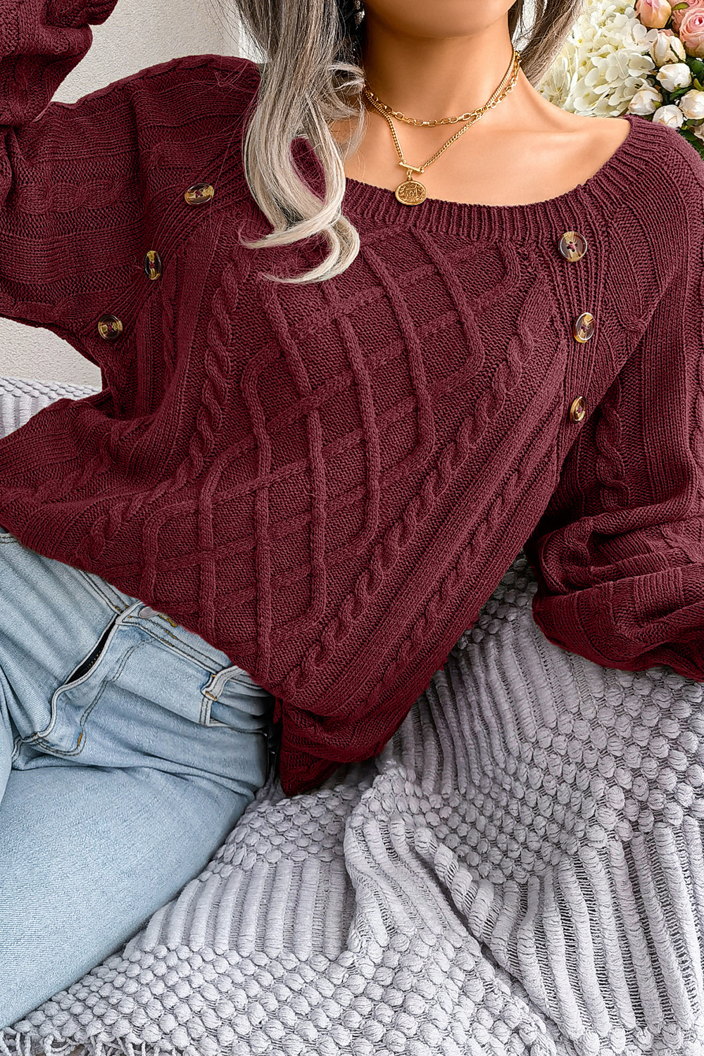 Women's Square-Neck Diamond Pattern Button-Up Batwing Long Sleeve Loose Knit Sweater