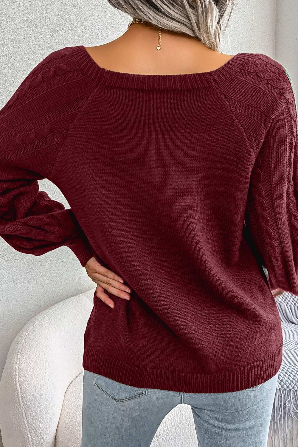 Women's Square-Neck Diamond Pattern Button-Up Batwing Long Sleeve Loose Knit Sweater