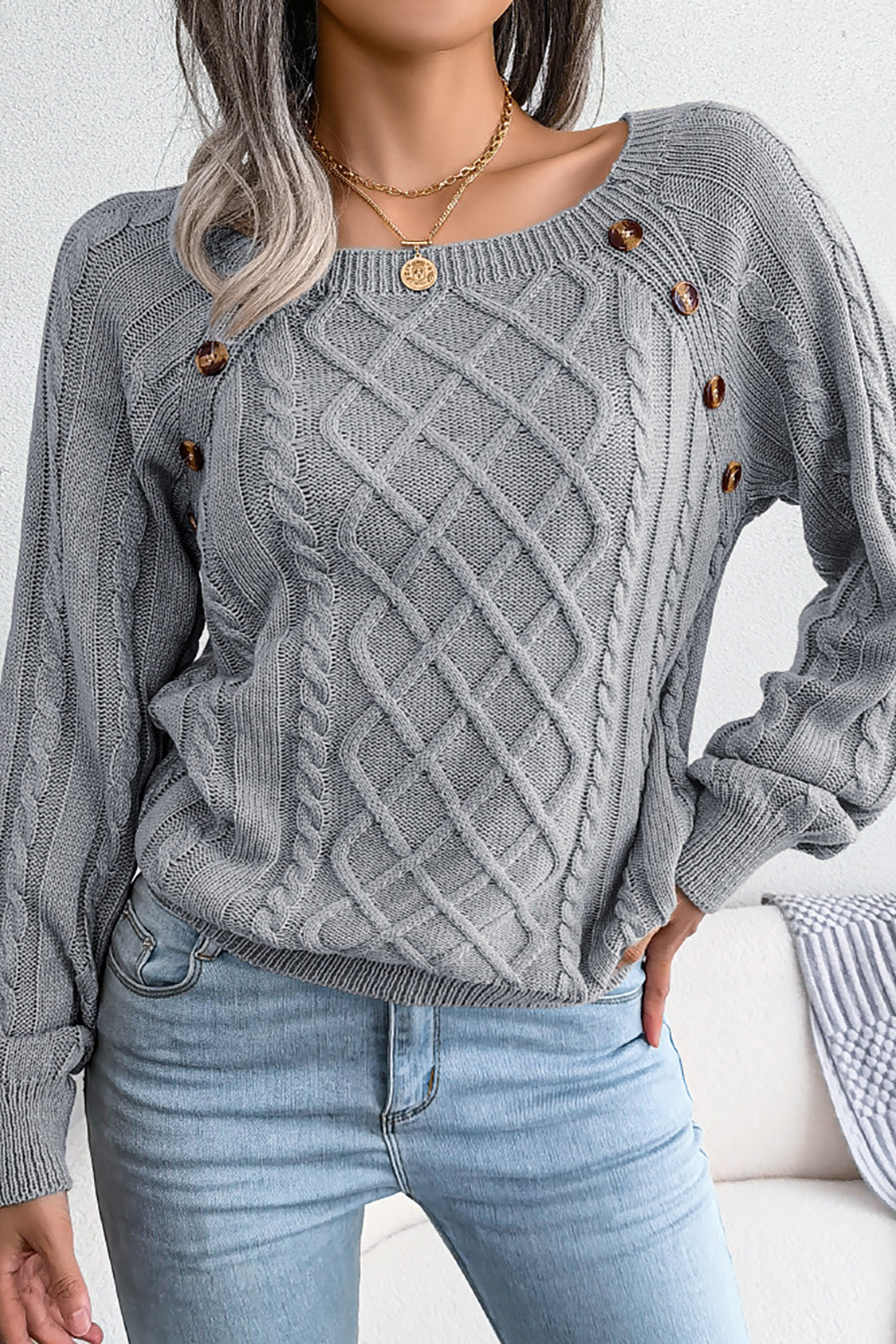 Women's Square-Neck Diamond Pattern Button-Up Batwing Long Sleeve Loose Knit Sweater