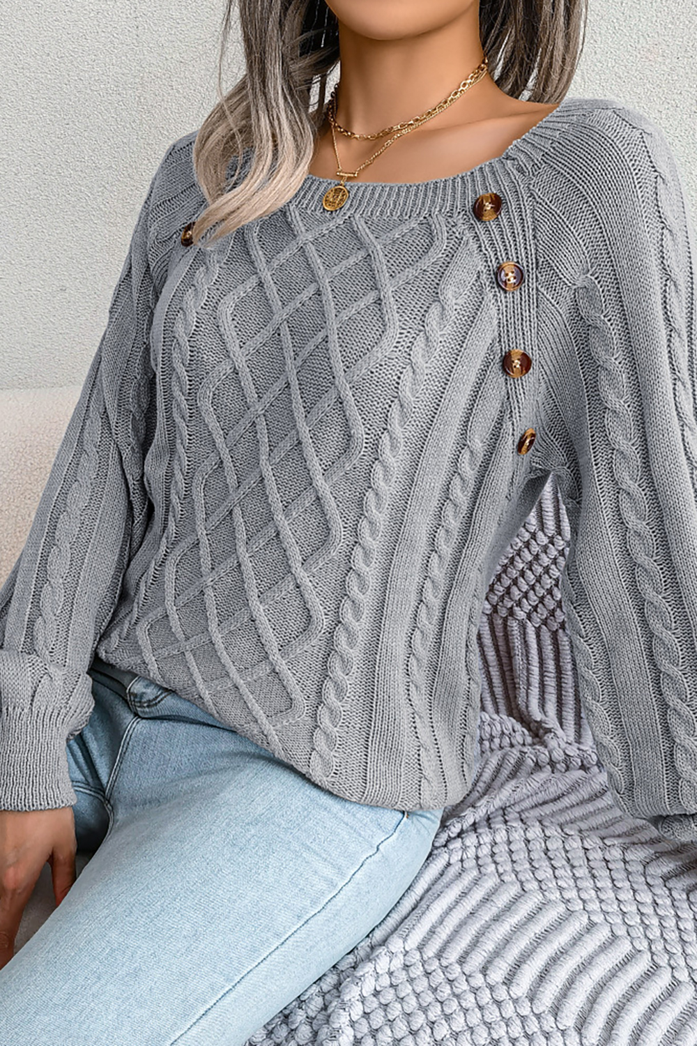 Women's Square-Neck Diamond Pattern Button-Up Batwing Long Sleeve Loose Knit Sweater