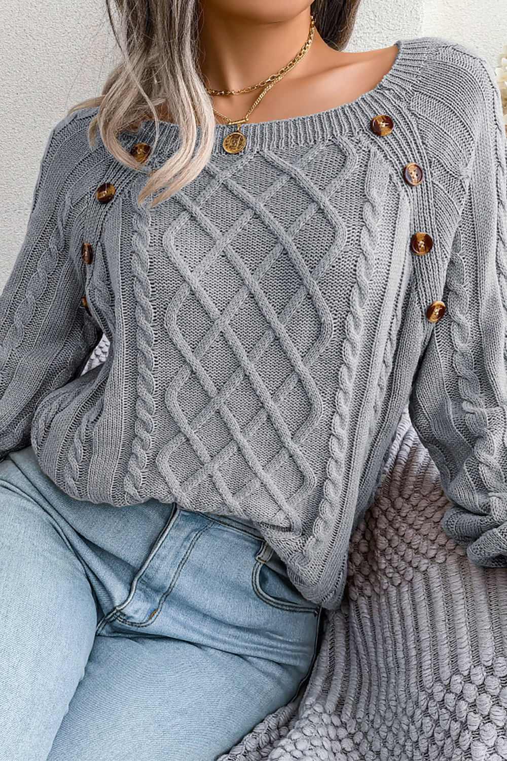 Women's Square-Neck Diamond Pattern Button-Up Batwing Long Sleeve Loose Knit Sweater