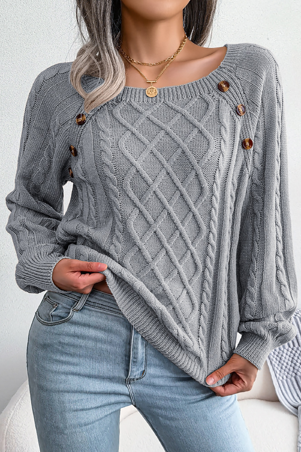 Women's Square-Neck Diamond Pattern Button-Up Batwing Long Sleeve Loose Knit Sweater
