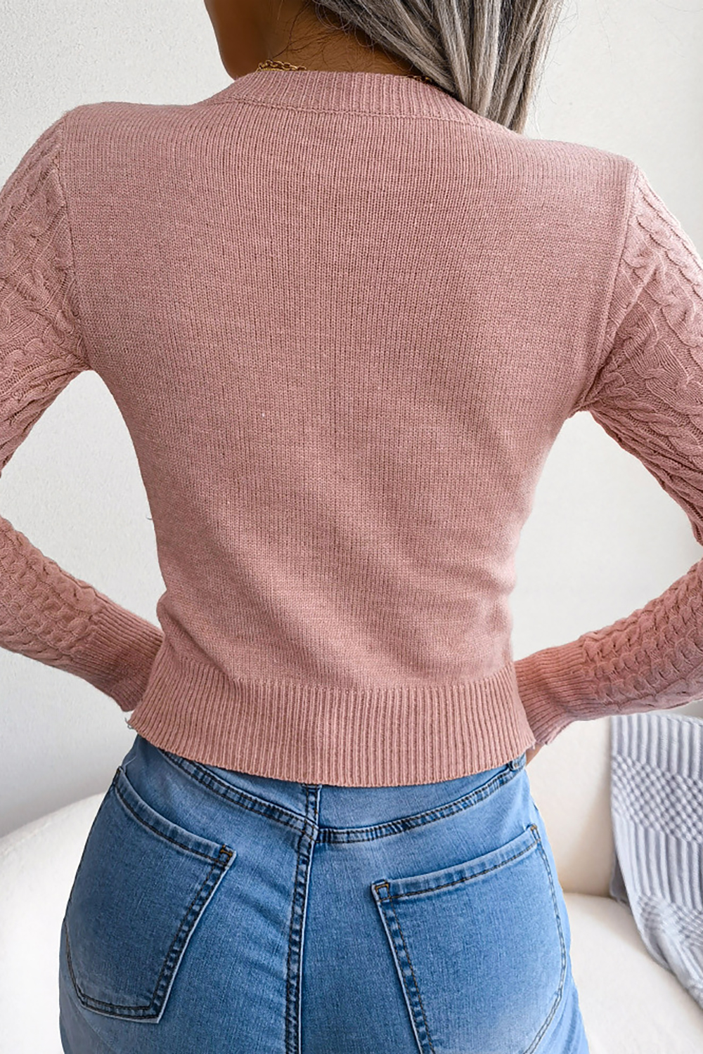 Round-Neck Western Style Hollow-Out Waist-Cinching Long Sleeve Sweater