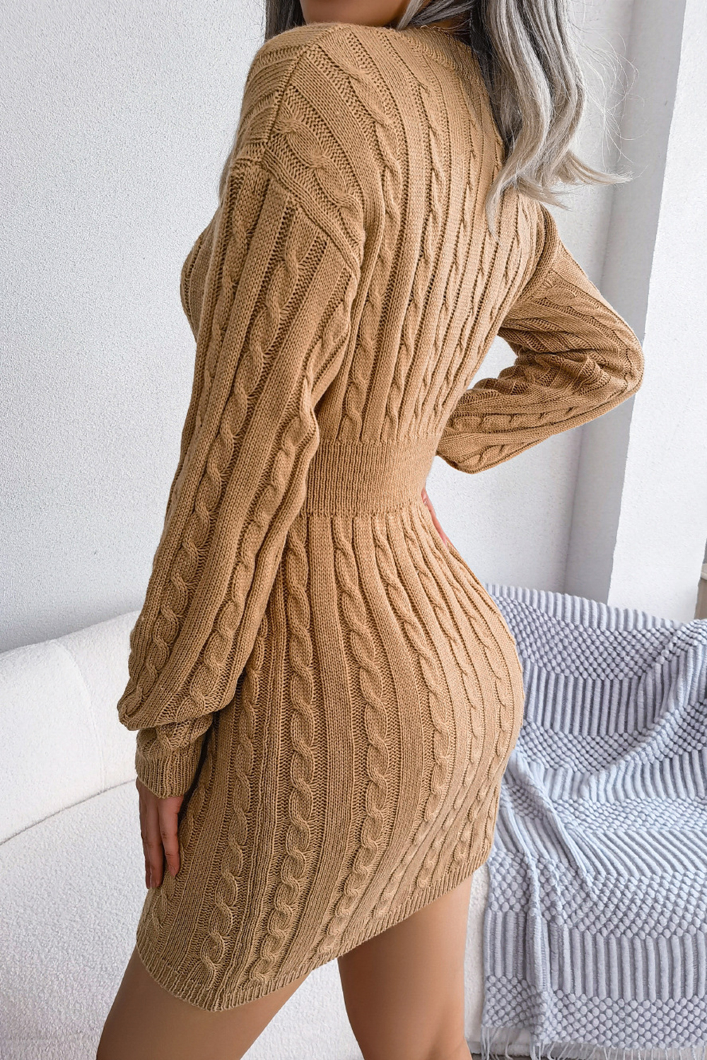 Solid Color V-Neck High-Waist Long Sleeve Pencil Skirt Sweater