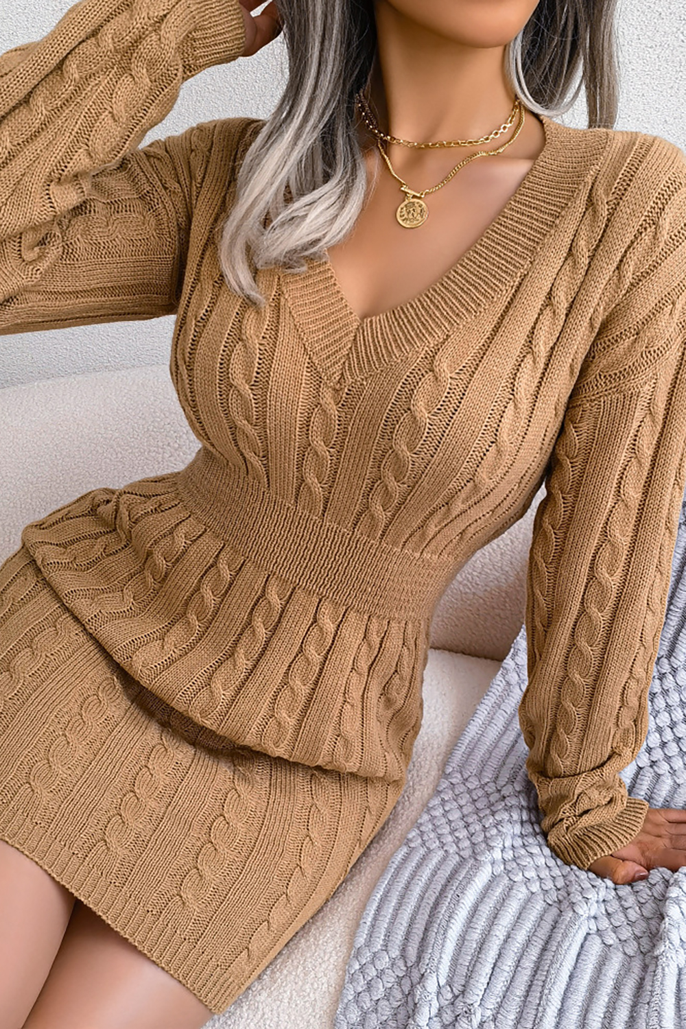 Solid Color V-Neck High-Waist Long Sleeve Pencil Skirt Sweater