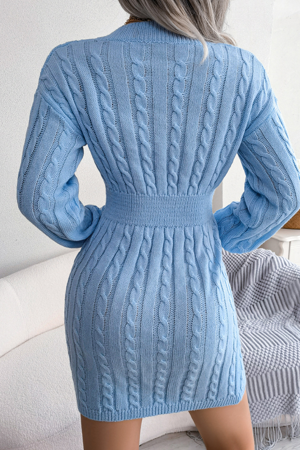 Solid Color V-Neck High-Waist Long Sleeve Pencil Skirt Sweater