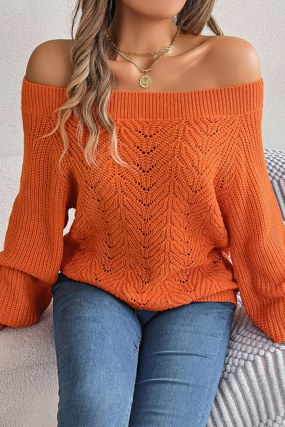 Elegant and Airy Design Off-Shoulder Lantern Sleeve Hollow-Out Sweater