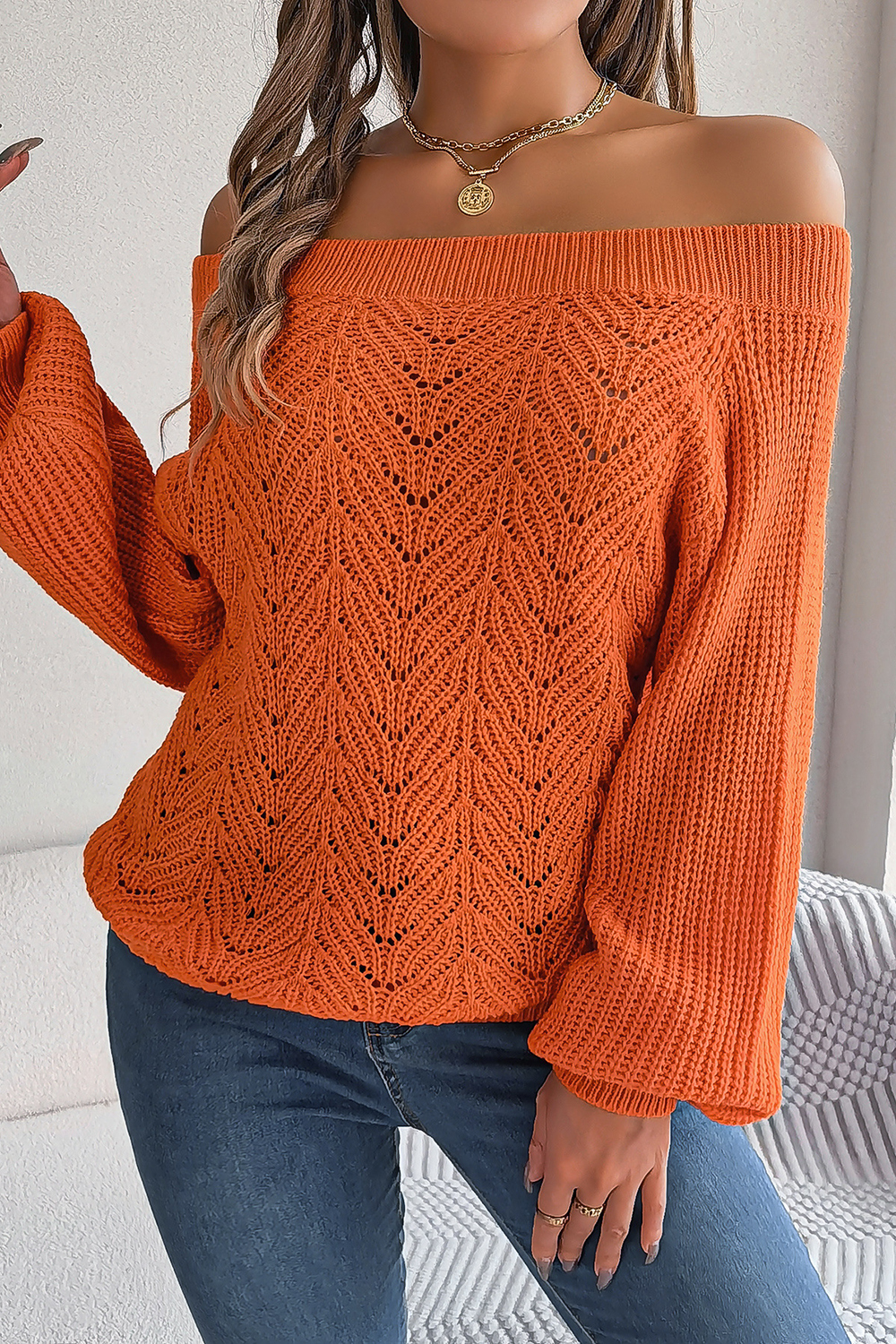 Elegant and Airy Design Off-Shoulder Lantern Sleeve Hollow-Out Sweater