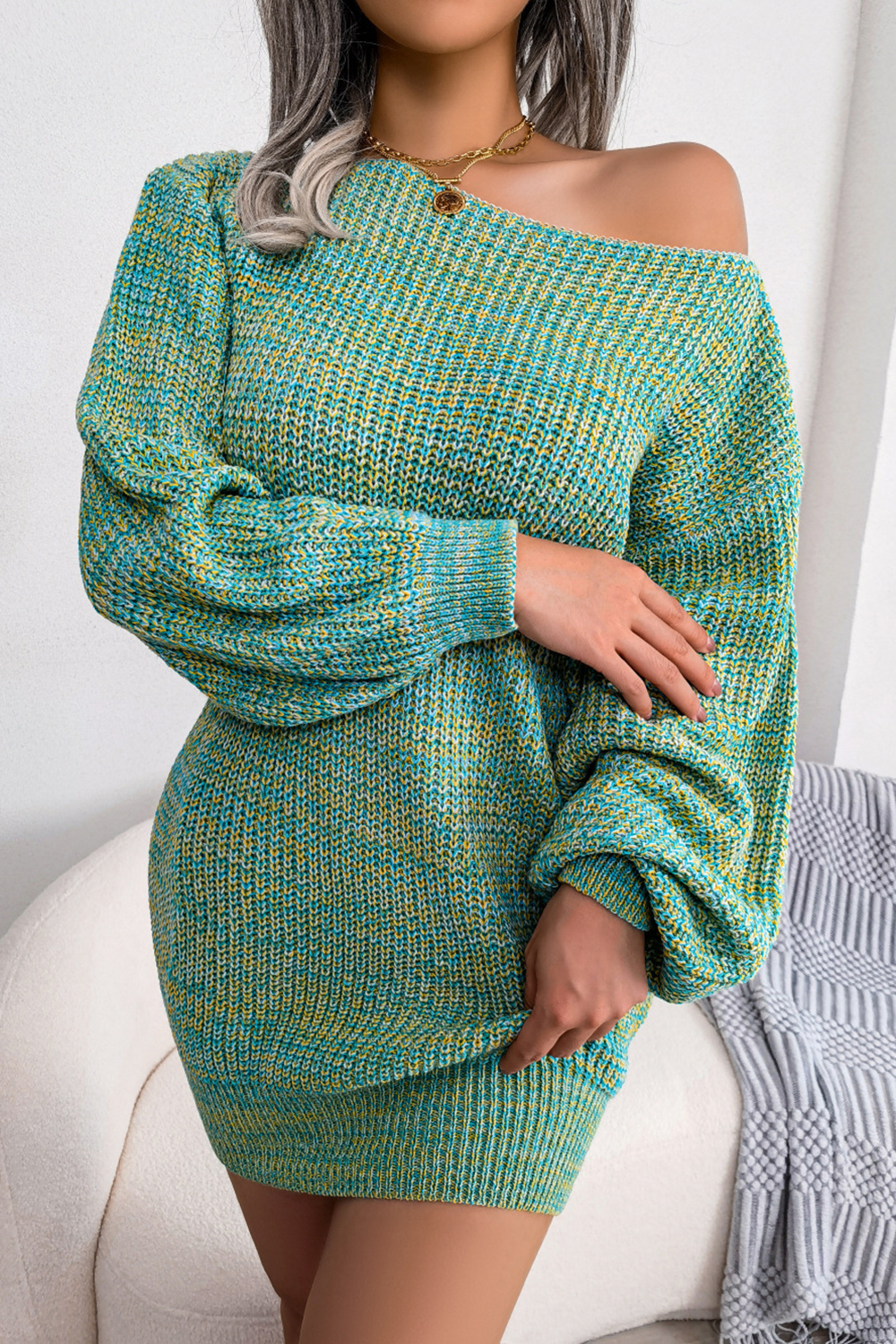 Off-Shoulder Gradient Pattern Lantern Sleeve Lantern Skirt Sweater