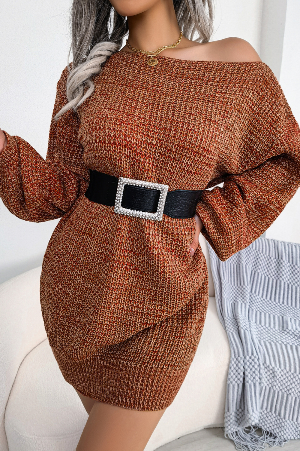 Off-Shoulder Gradient Pattern Lantern Sleeve Lantern Skirt Sweater