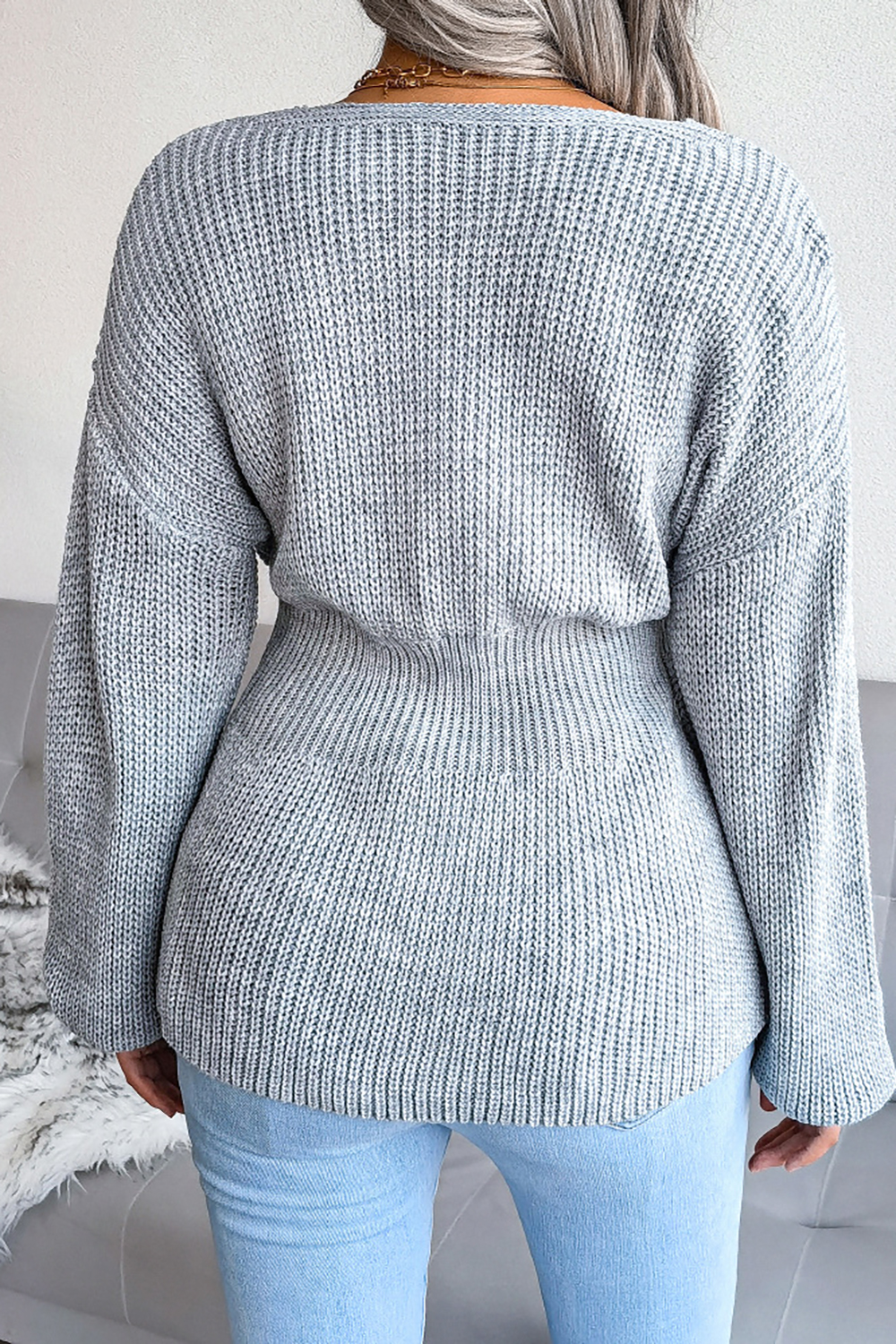 Acrylic V-Neck Lantern Sleeve Ruffled Loose-Fit Short Skirt Sweater