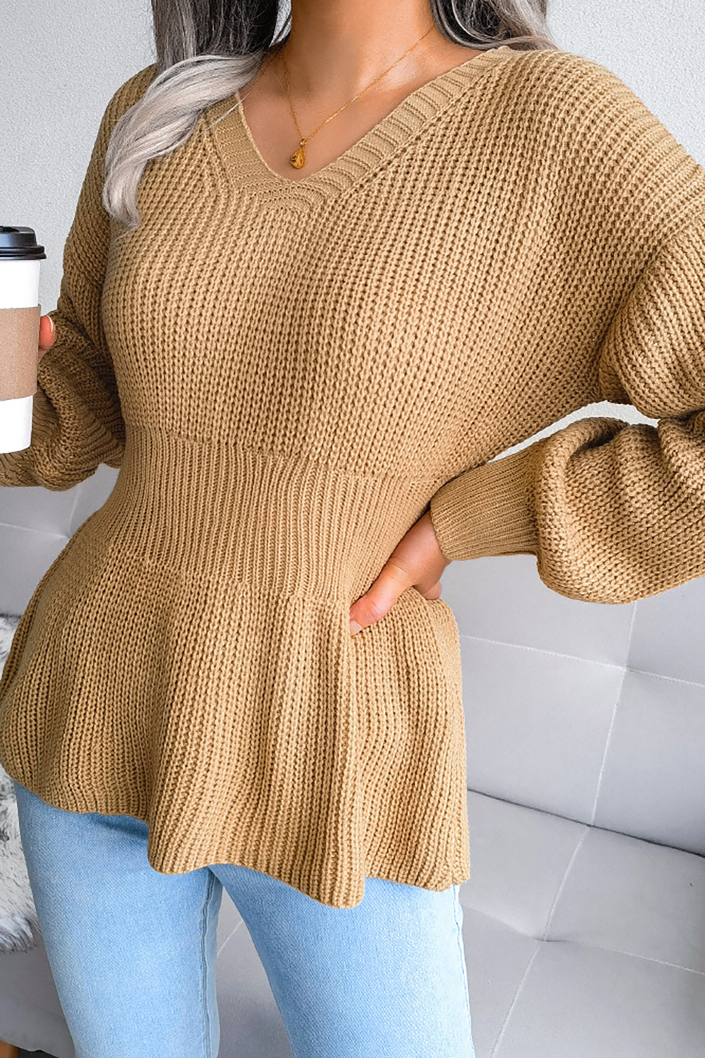 Acrylic V-Neck Lantern Sleeve Ruffled Loose-Fit Short Skirt Sweater