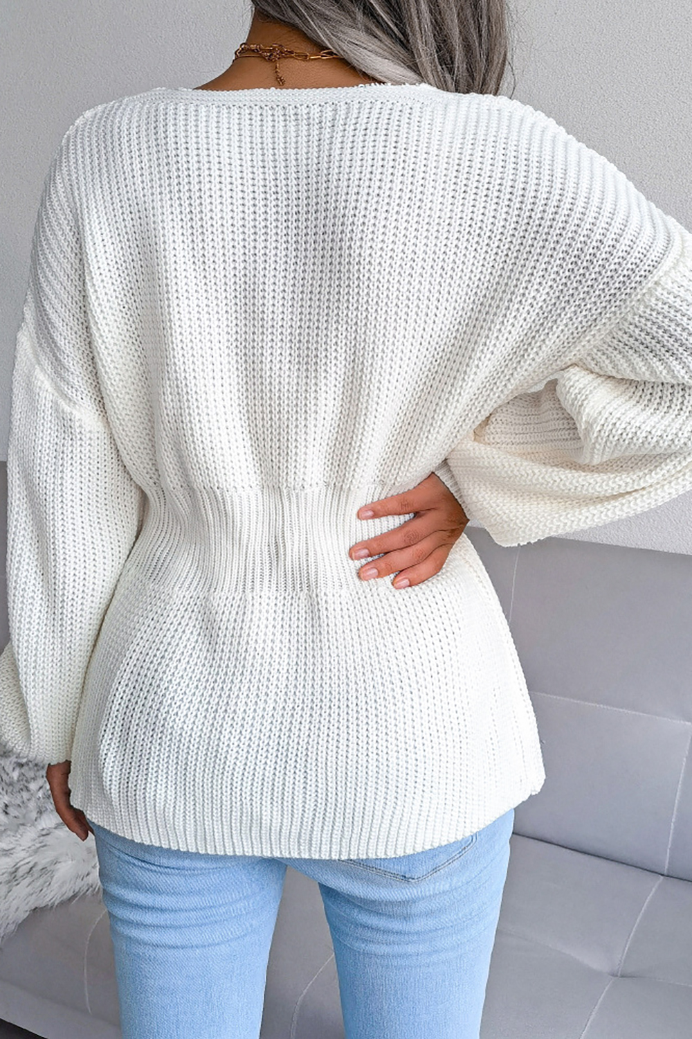 Acrylic V-Neck Lantern Sleeve Ruffled Loose-Fit Short Skirt Sweater