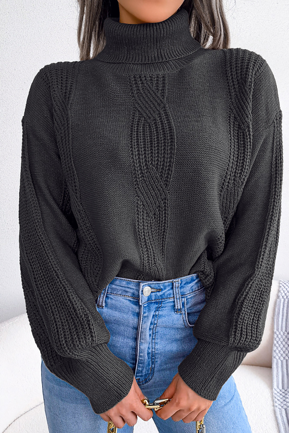 Turtleneck Lantern Sleeve Cable-Knit European-Style Loose-Fit Sweater