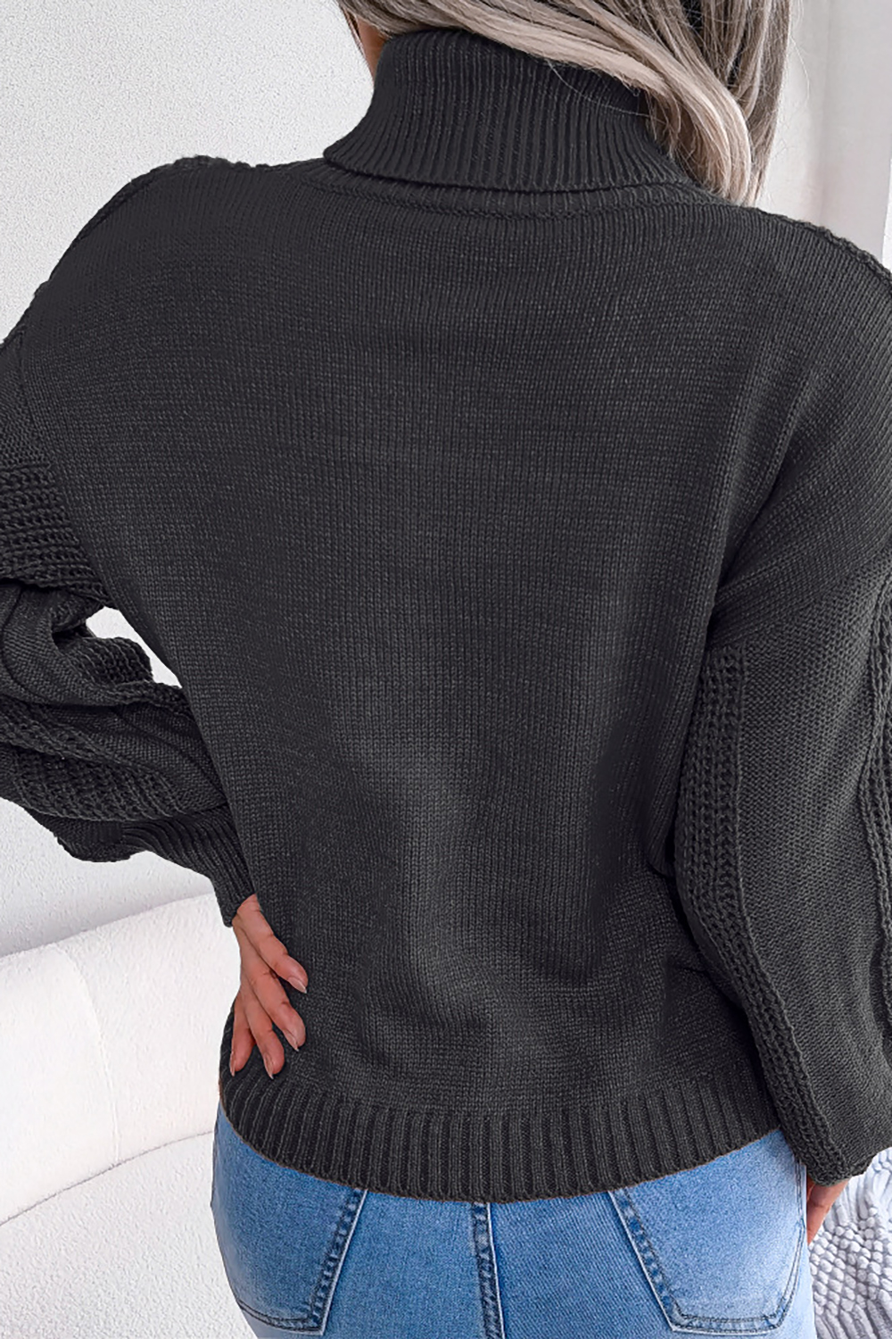Turtleneck Lantern Sleeve Cable-Knit European-Style Loose-Fit Sweater