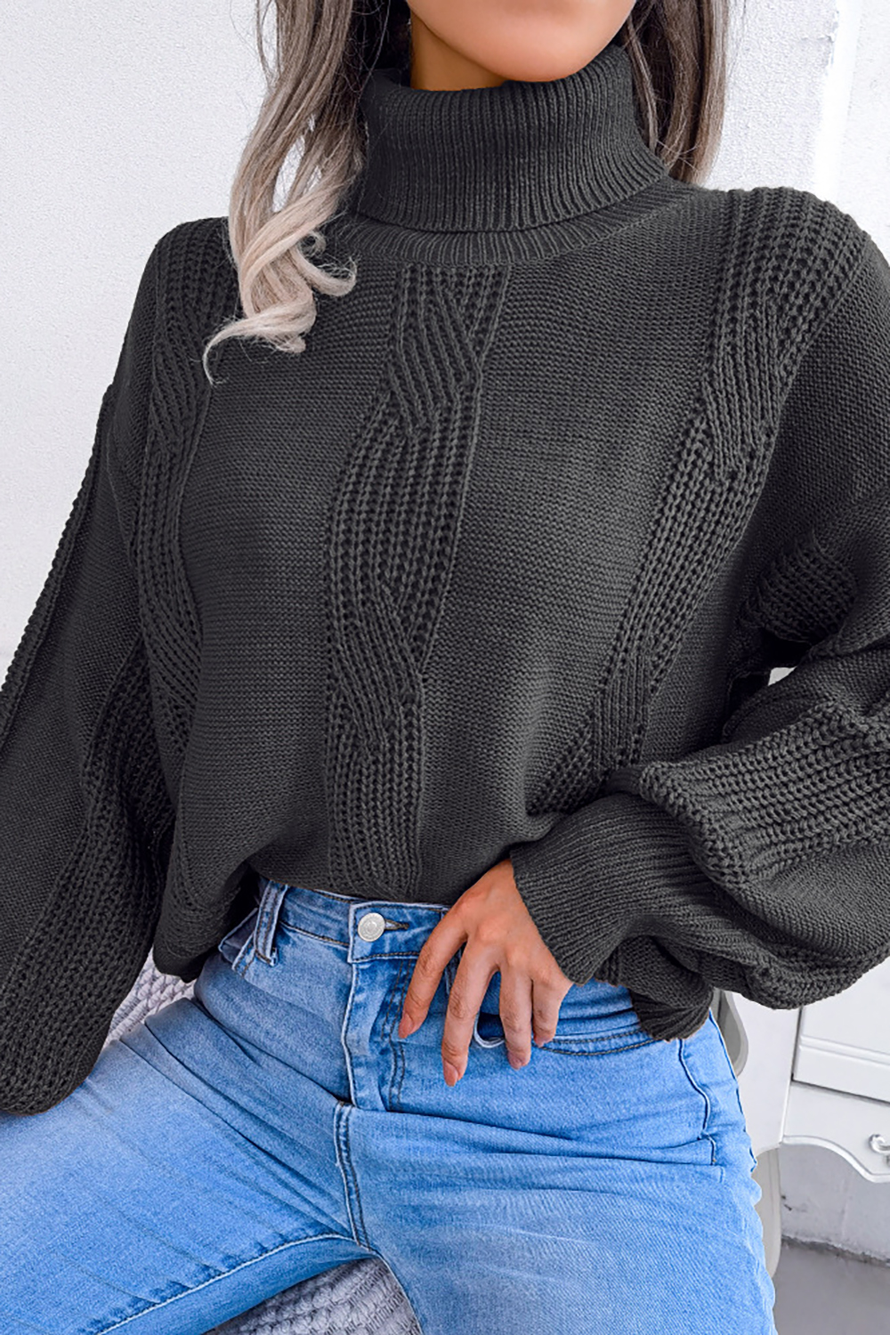 Turtleneck Lantern Sleeve Cable-Knit European-Style Loose-Fit Sweater