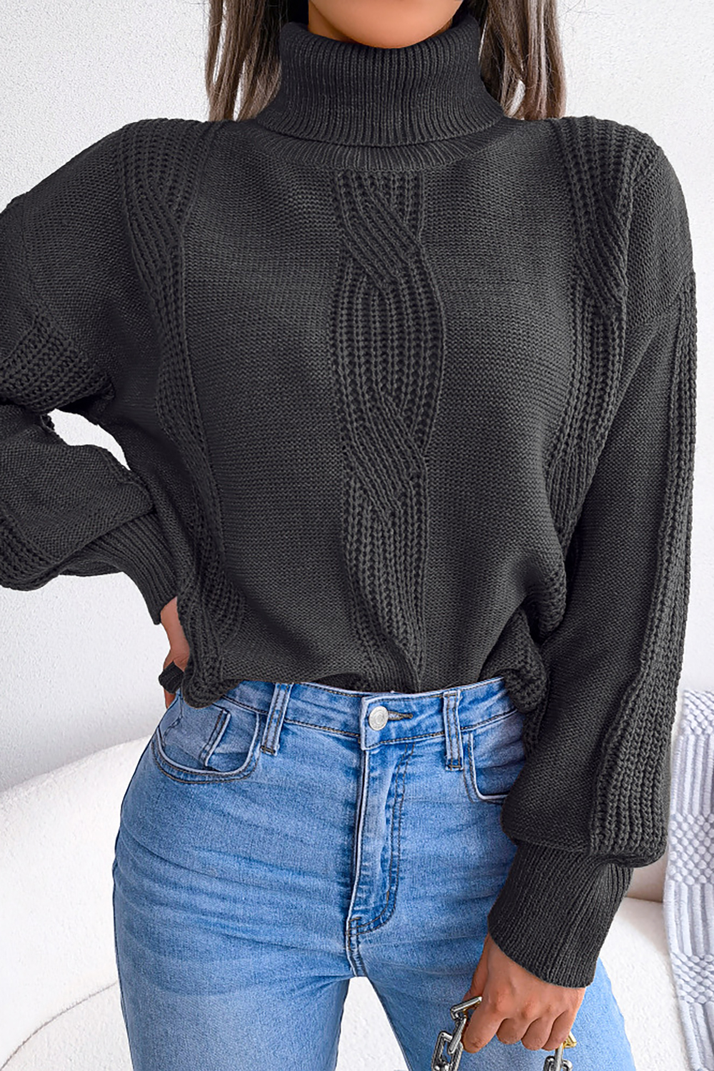 Turtleneck Lantern Sleeve Cable-Knit European-Style Loose-Fit Sweater