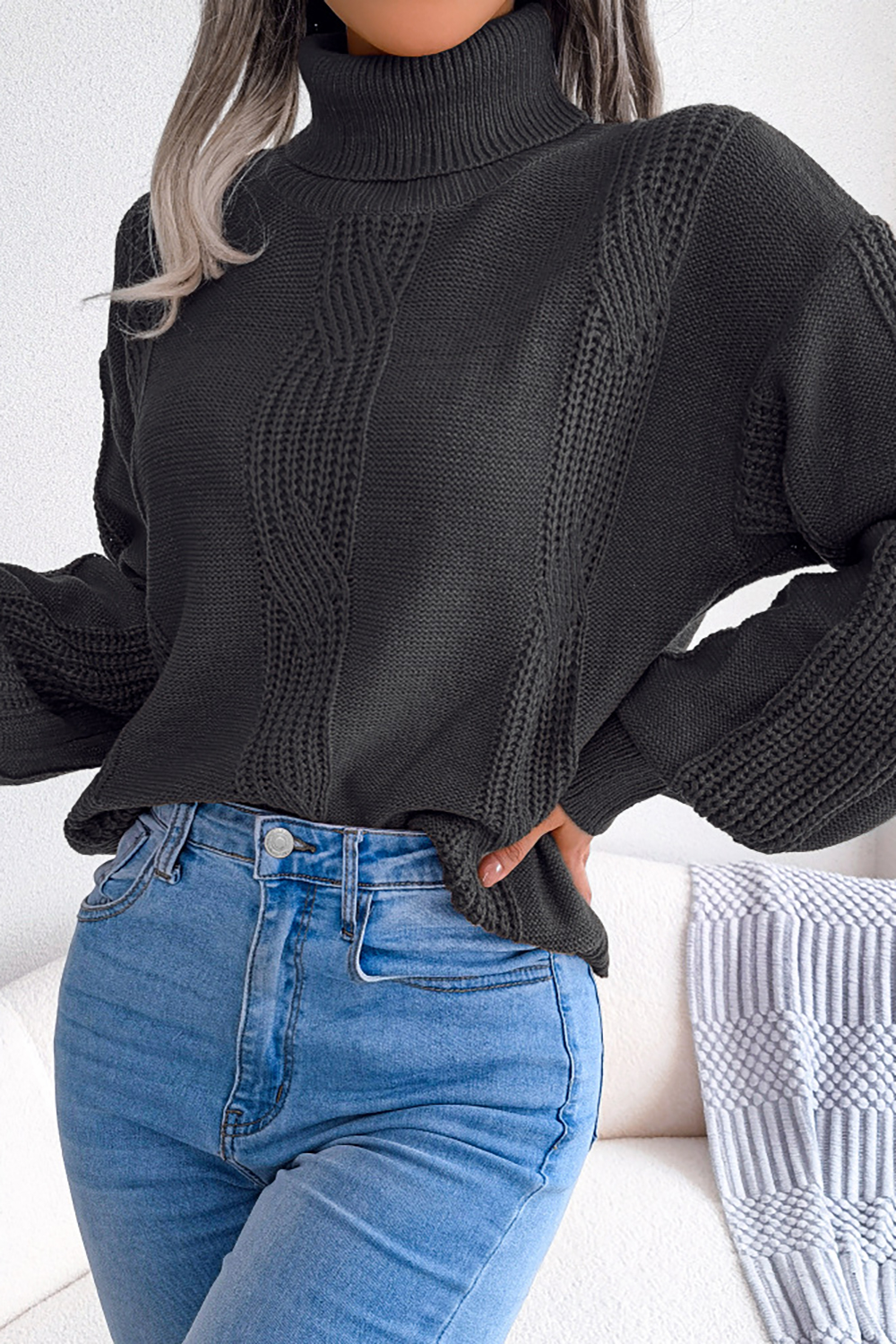 Turtleneck Lantern Sleeve Cable-Knit European-Style Loose-Fit Sweater