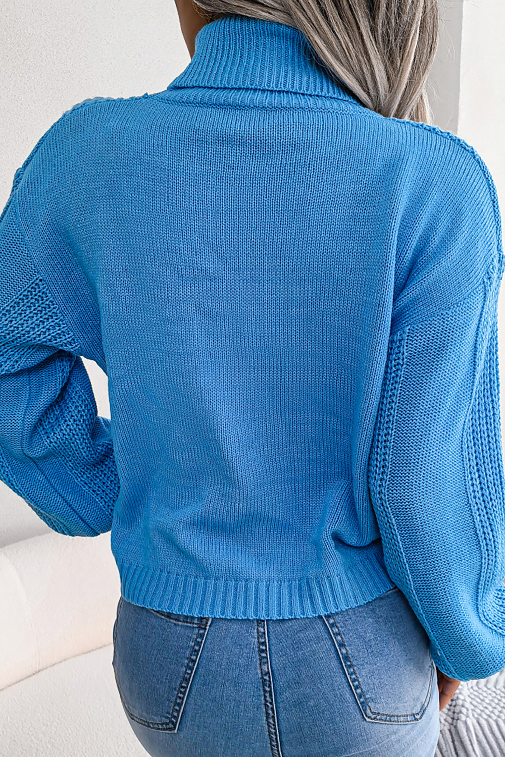 Turtleneck Lantern Sleeve Cable-Knit European-Style Loose-Fit Sweater