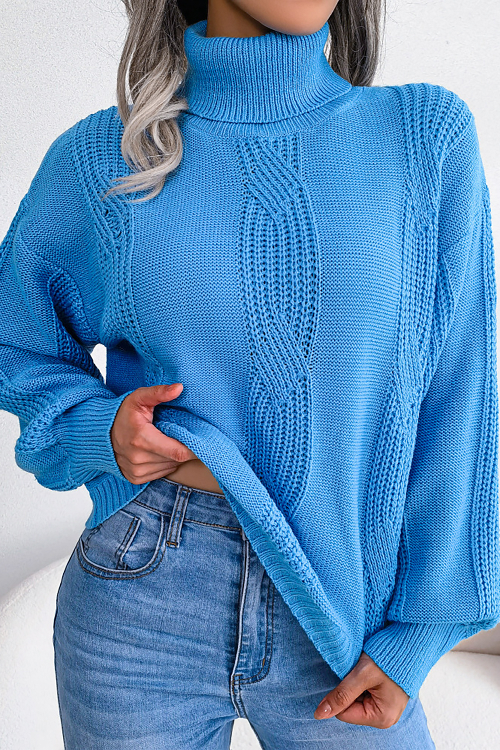 Turtleneck Lantern Sleeve Cable-Knit European-Style Loose-Fit Sweater