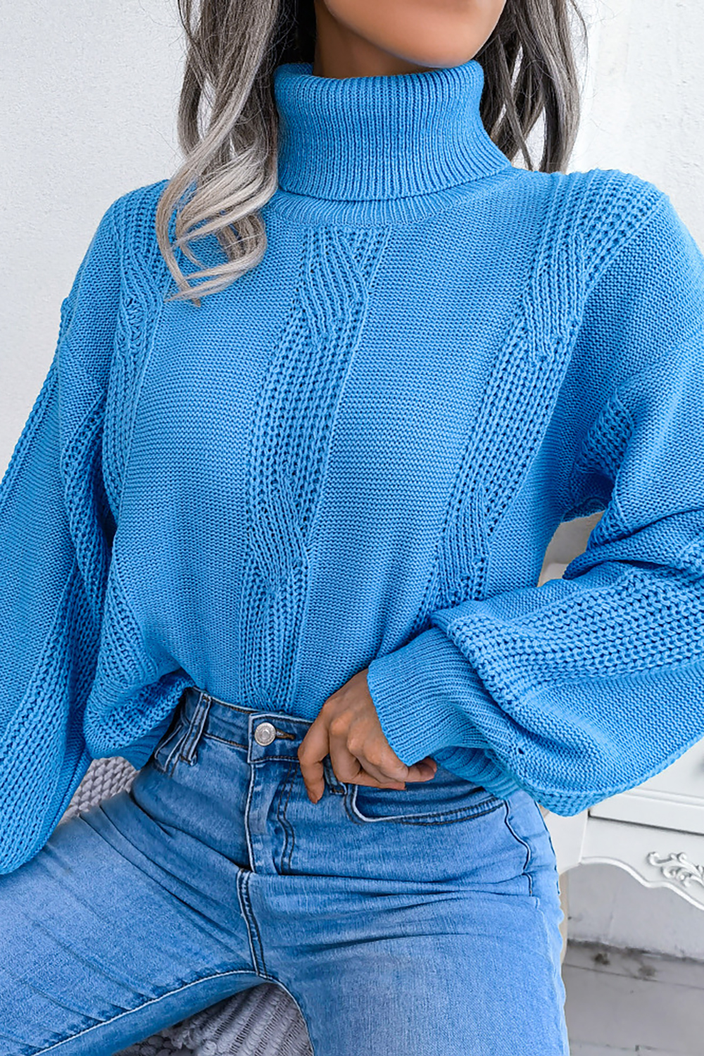 Turtleneck Lantern Sleeve Cable-Knit European-Style Loose-Fit Sweater