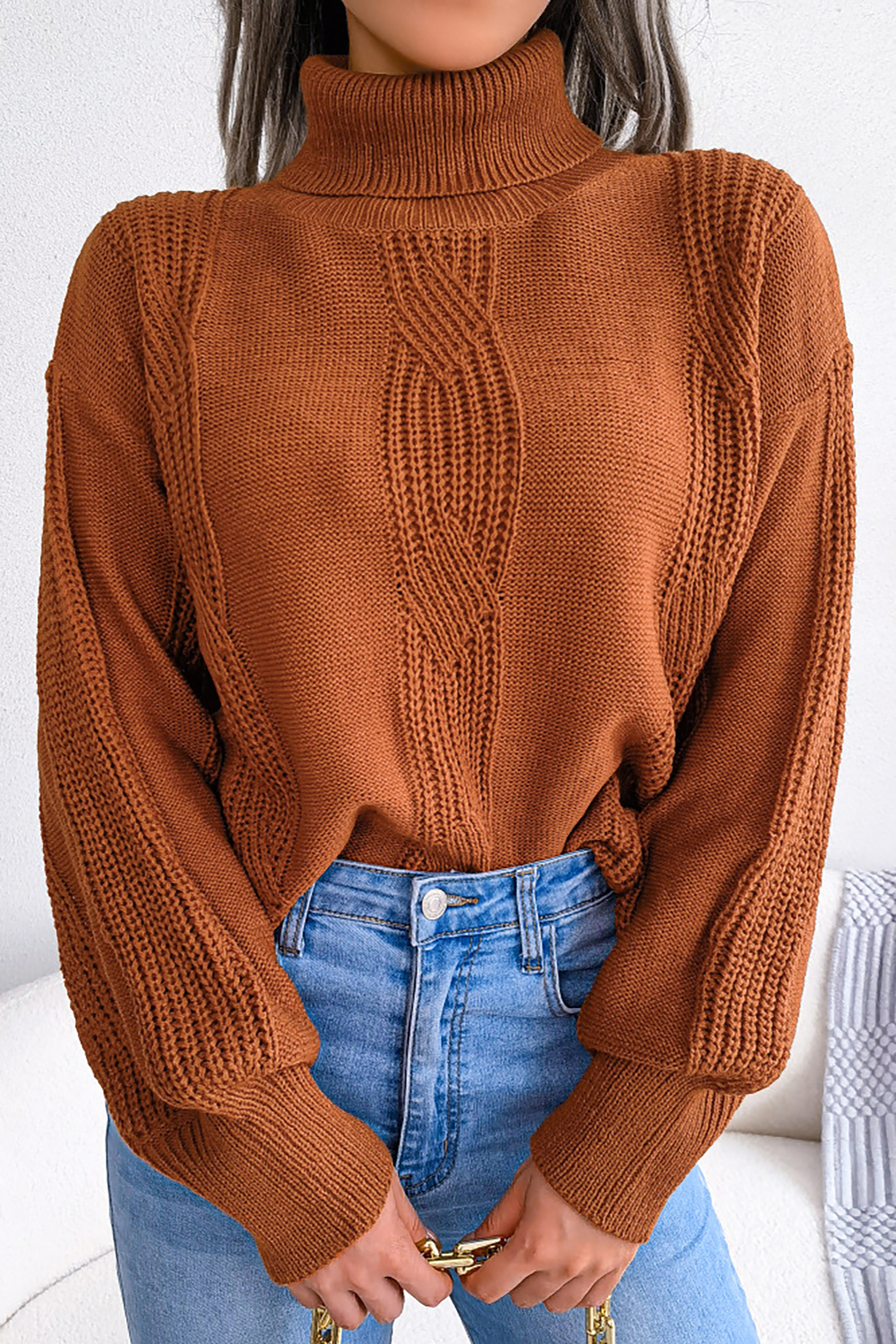 Turtleneck Lantern Sleeve Cable-Knit European-Style Loose-Fit Sweater