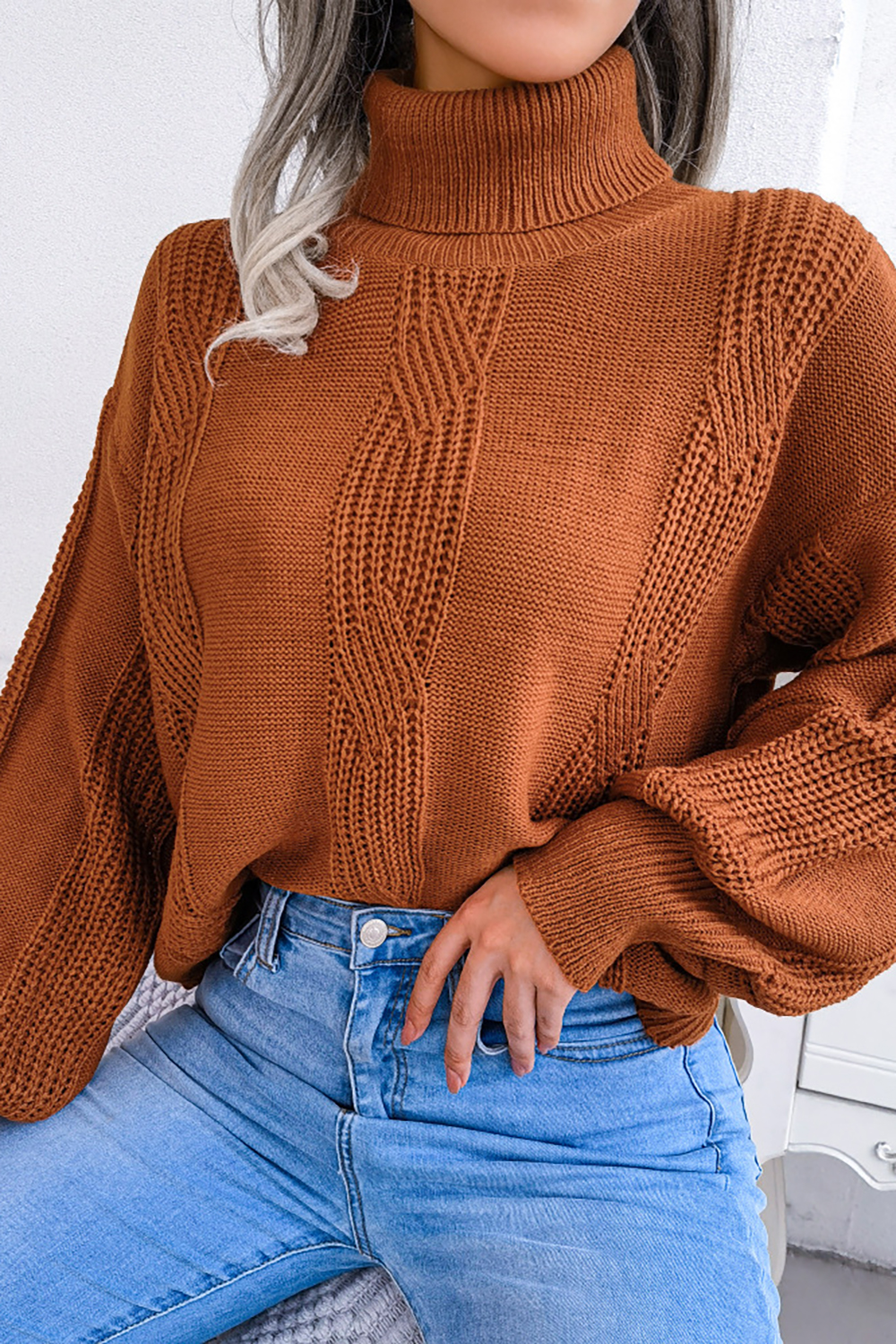 Turtleneck Lantern Sleeve Cable-Knit European-Style Loose-Fit Sweater